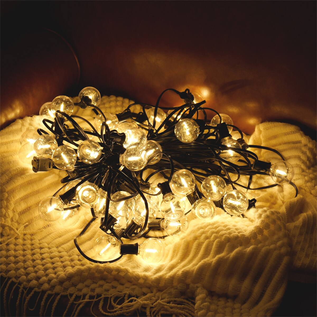 Alt View 1. HTUTWOO - 98FT LED Outdoor String Lights - 50 Shatterproof Bulbs Waterproof Patio Lights, Plug-in Warm White Hanging for Backyard - Black.