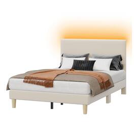 Bestier - Full Size Corduroy Upholstered Bed Frame Adjustable Headboard, Warm LED Light & No Box Spring Needed - Off White