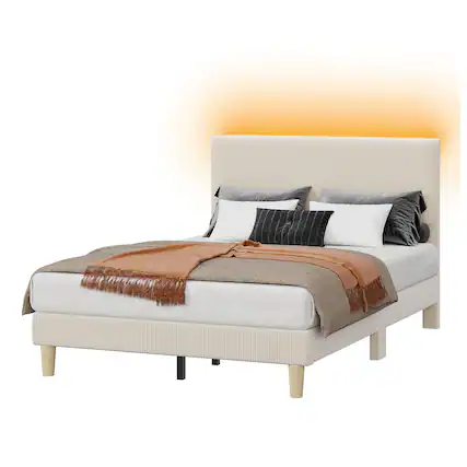 Front. Bestier - Full Size Corduroy Upholstered Bed Frame Adjustable Headboard, Warm LED Light & No Box Spring Needed - Off White.
