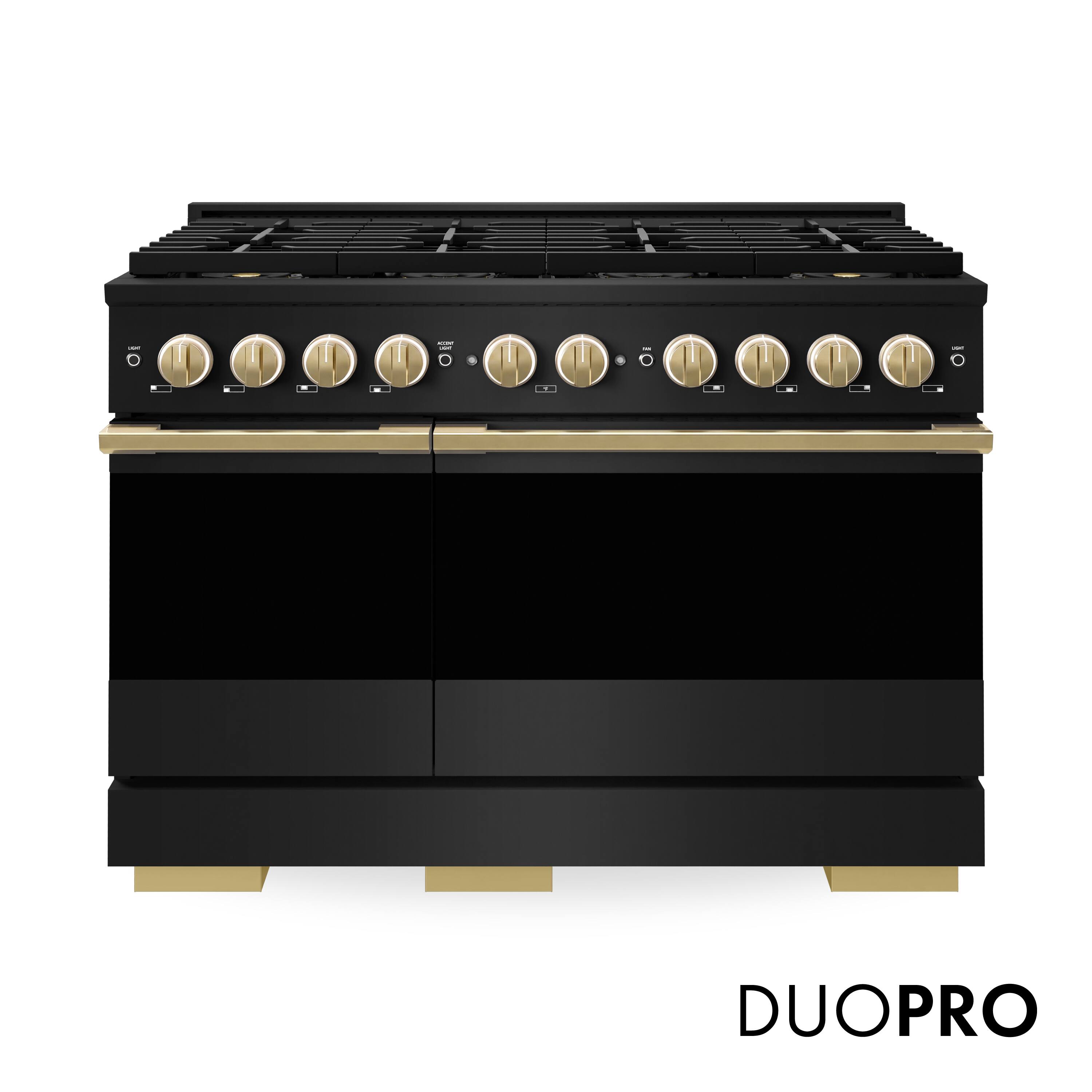 Front. ZLINE - Autograph 48 in. 6.7 cu. ft. Marino Freestanding Black Stainless Dual Fuel Range w/ 8 DuoPro Burners & Gold Accents - Black Stainless Steel.