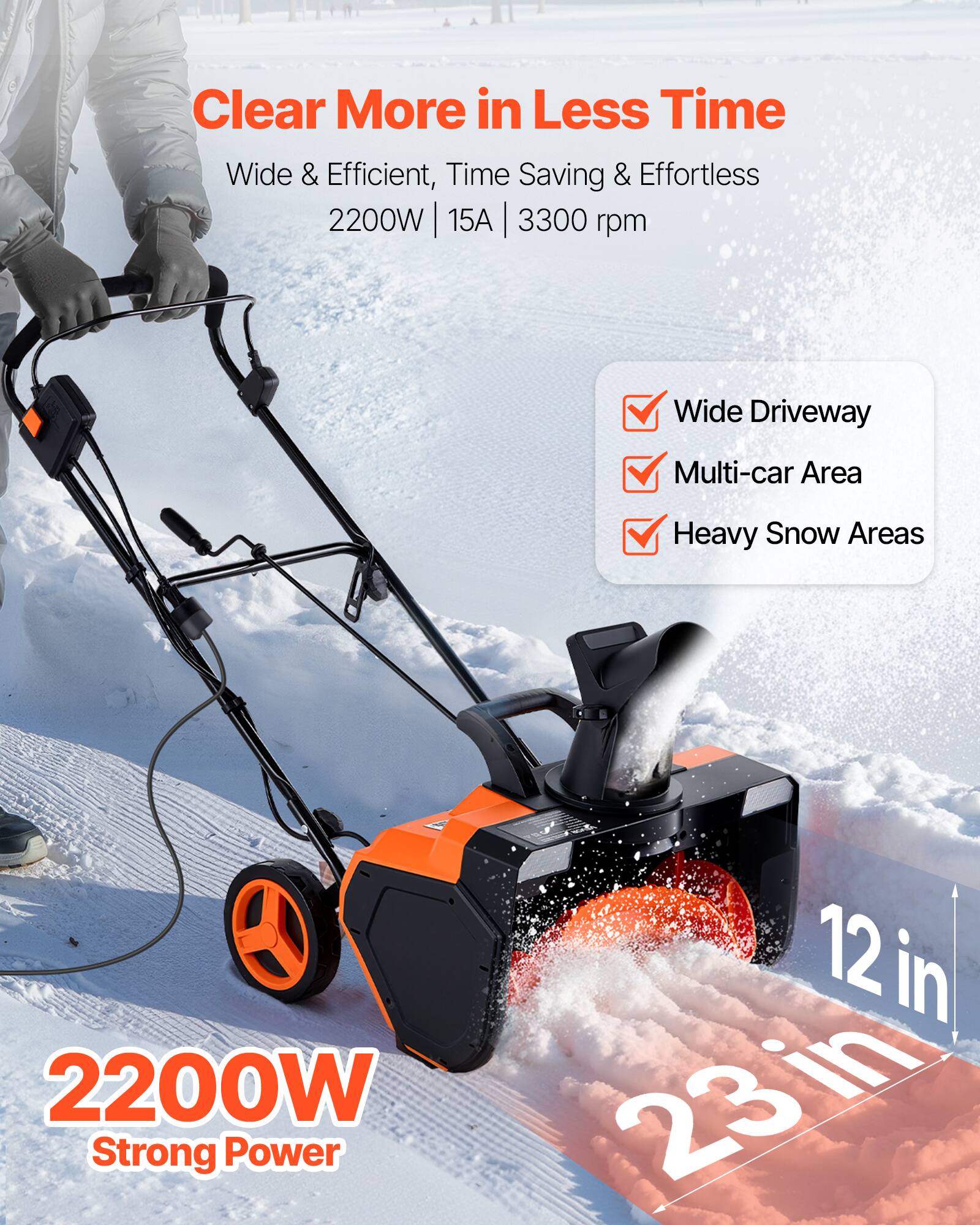 Clear More in Less Time  
Wide & Efficient, Time Saving & Effortless  
2200W | 15A | 3300 rpm  

- Wide Driveway  
- Multi-car Area  
- Heavy Snow Areas  

2200W Strong Power  
12 in x 23 in