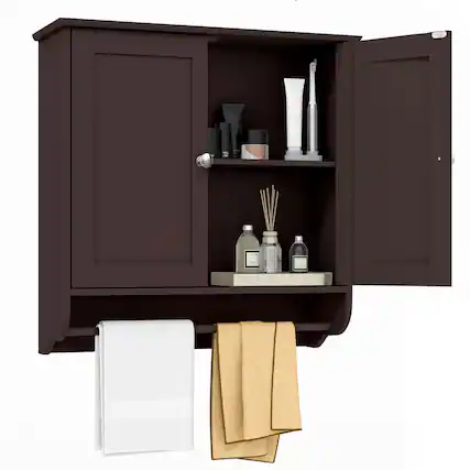 Front. Costway - Costway Wall Mounted Bathroom Medicine Cabinet Storage Cupboard with Towel Bar - Brown.