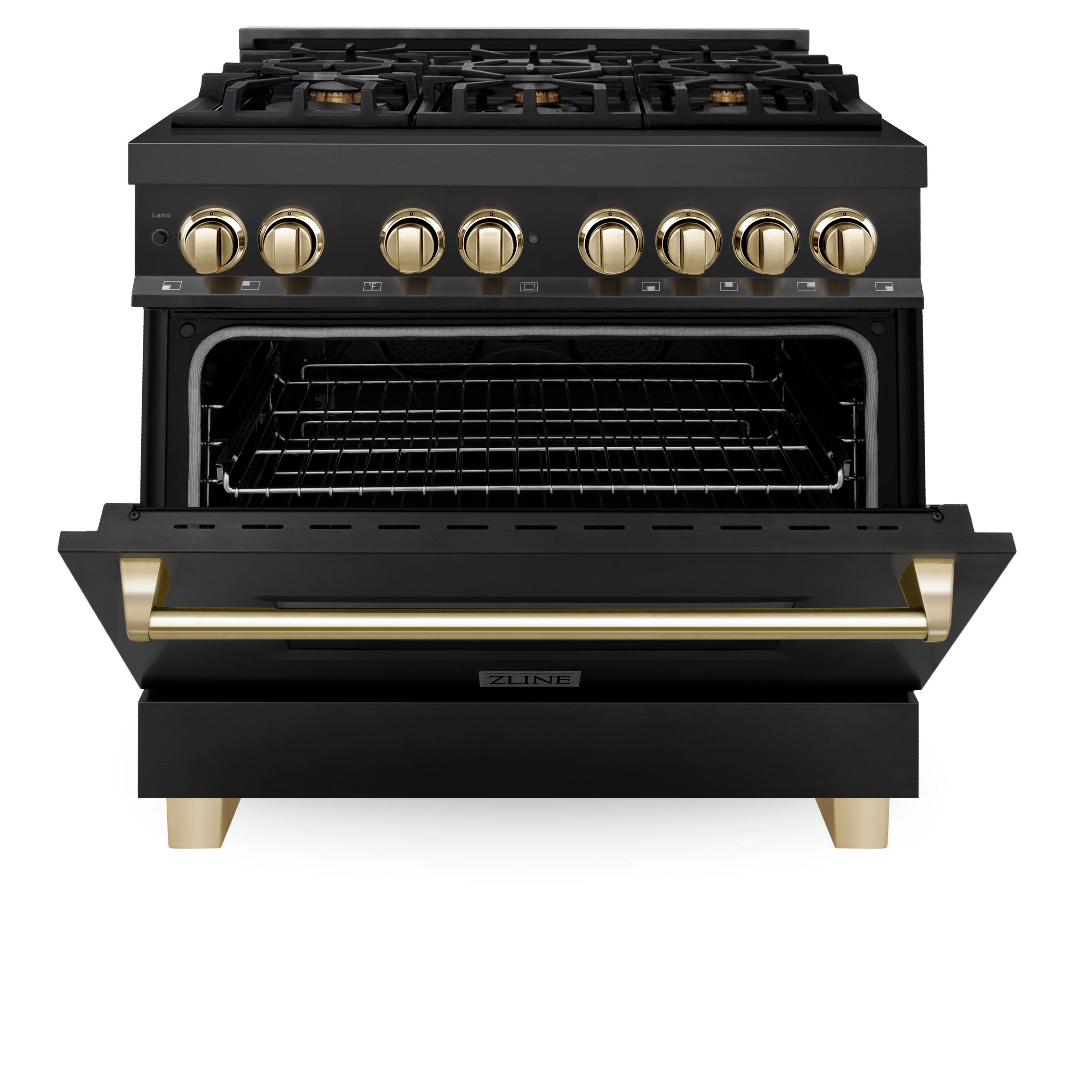 Angle. ZLINE - Autograph 36" Legacy Dual Fuel Range with Gold Accents (RABZ-36-G) - Black.