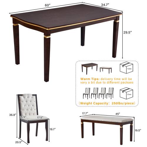 60" 34.7" 29.5" Table

Warm Tips: delivery time will be vary a bit due to different packages

Chair (Weight Capacity: 250lbs/piece)

36.8" 16.5" 17.5" 17.7" 45" 19.1" 19.5" 20.5"