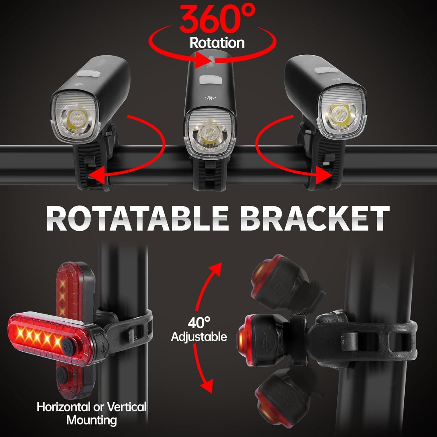 360° Rotation

ROTATABLE BRACKET

40° Adjustable

Horizontal or Vertical Mounting