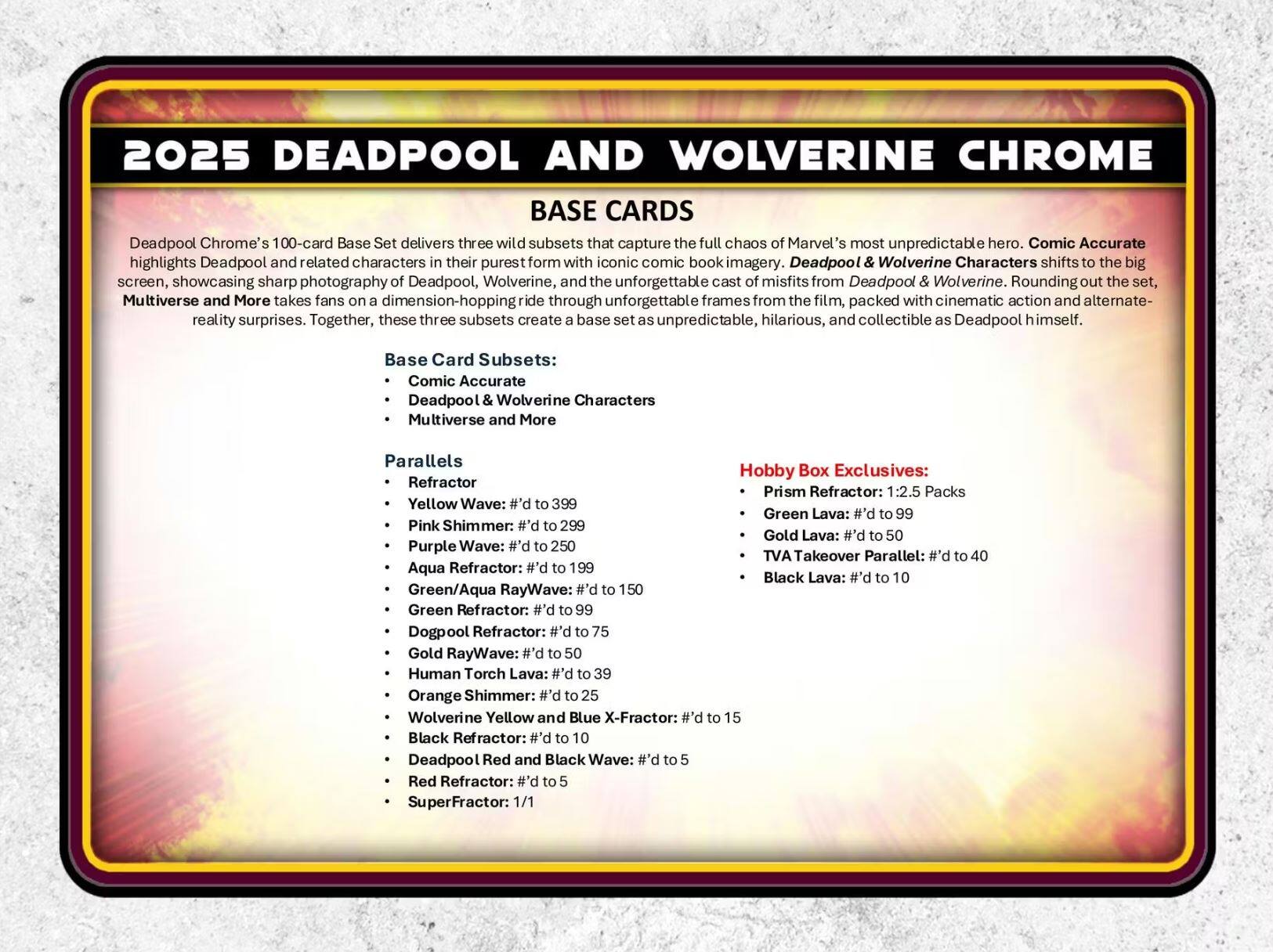 2025 DEADPOOL AND WOLVERINE CHROME BASE CARDS

Deadpool Chrome's 100-card Base Set delivers three wild subsets that capture the full chaos of Marvel's most unpredictable hero. Comic Accurate highlights Deadpool and related characters in their purest form with iconic comic book imagery. Deadpool & Wolverine Characters shifts to the big screen, showcasing sharp photography of Deadpool, Wolverine, and the unforgettable cast of misfits from Deadpool & Wolverine. Rounding out the set, Multiverse and More takes fans on a dimension-hopping ride through unforgettable frames from the film, packed with cinematic action and alternate-reality surprises. Together, these three subsets create a base set as unpredictable, hilarious, and collectible as Deadpool himself.

Base Card Subsets:
- Comic Accurate
- Deadpool & Wolverine Characters
- Multiverse and More

Parallels:
- Refractor: #’d to 399
- Pink Shimmer: P.# to 299
- Purple Wave: #’d to 250
- Aqua Refractor: #’d to 199
- Green/Aqua RayWave: #’d to 150
- Deadpool Refractor: #’d to