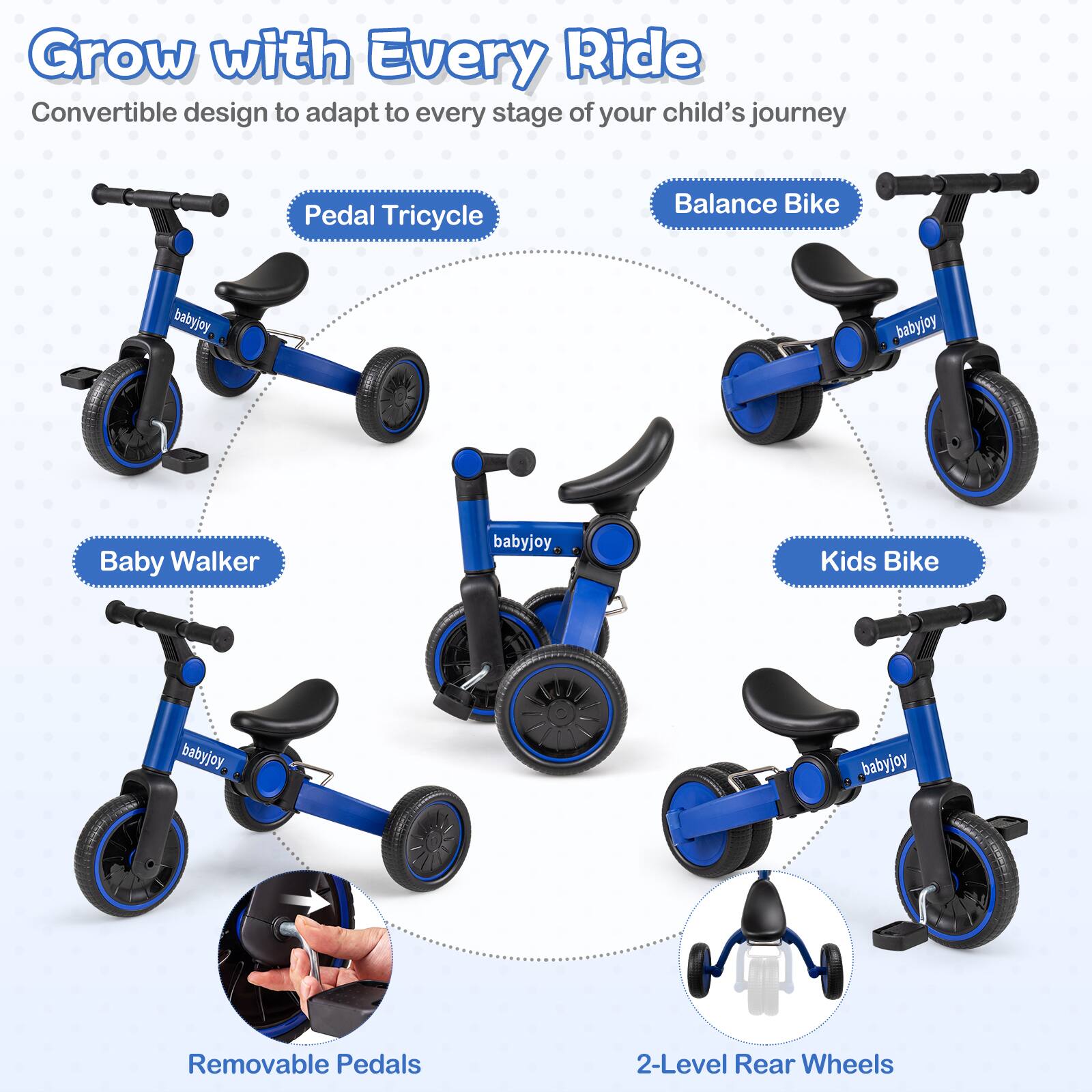 Grow with Every Ride  
Convertible design to adapt to every stage of your child's journey  

- Pedal Tricycle  
- Balance Bike  
- Baby Walker  
- Kids Bike  

- Removable Pedals  
- 2-Level Rear Wheels