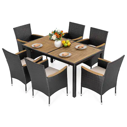 Front. Nuu Garden - 7-Piece Acacia Wood Wicker Patio Dining Set with Cushions - Black.