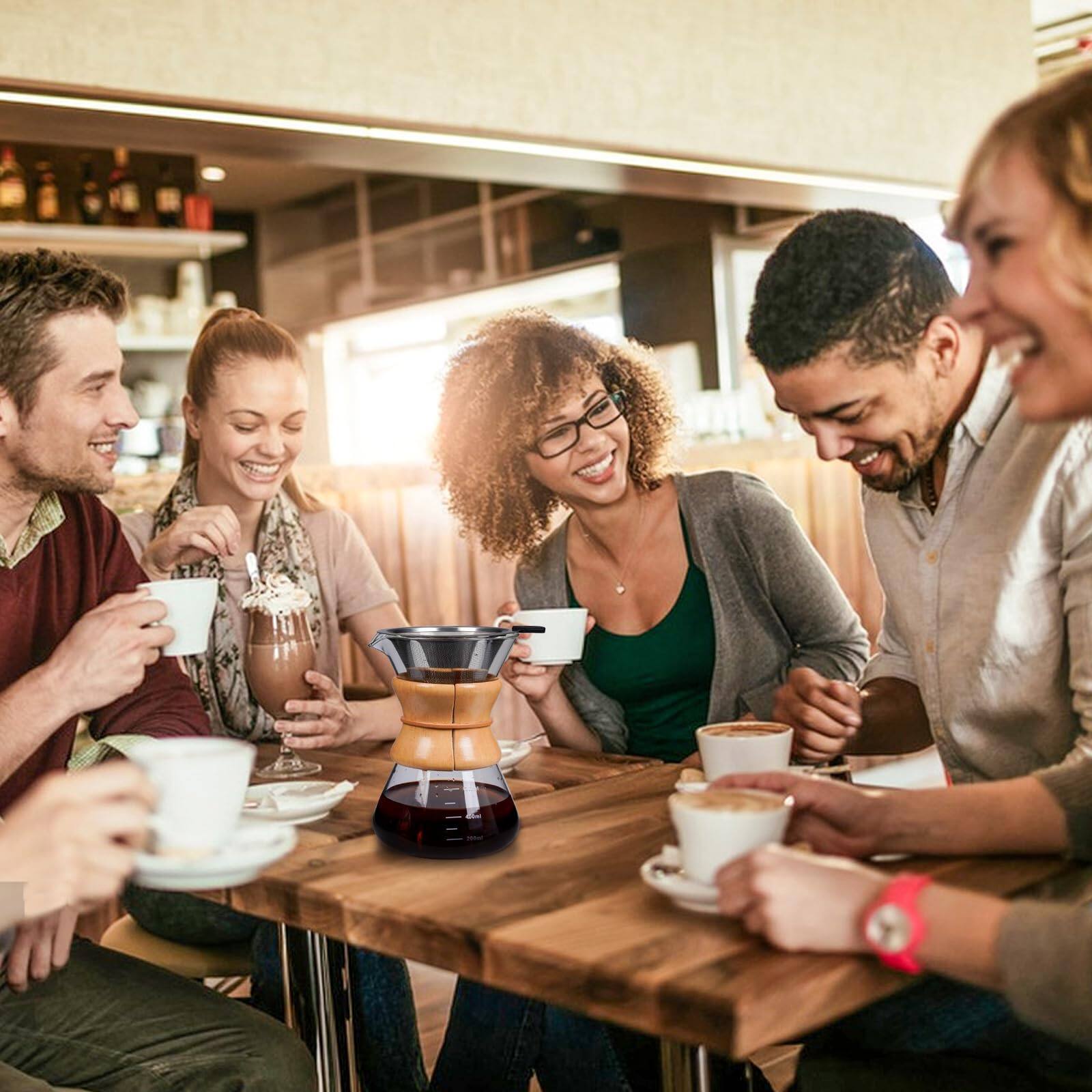 Left. Fabibe - Pour Over Coffee Maker With Reusable Stainless Steel Drip Filter Borosilicate Glass Carafe Modern Wooden Collar For 1... - Diamond - 400ML/13.5OZ.