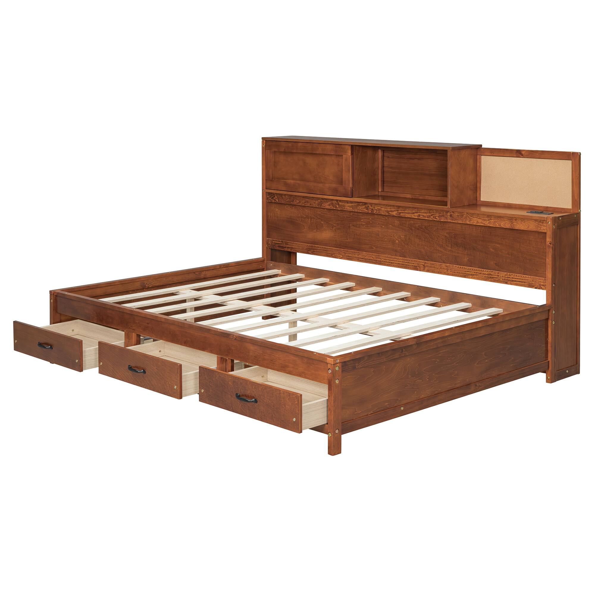 Alt View 7. Tiramisubest - Full Size Wooden Daybed with 3 Storage Drawers, Upper Soft Board, shelf, and a set of Sockets and USB Ports, Walnut - Walnut.