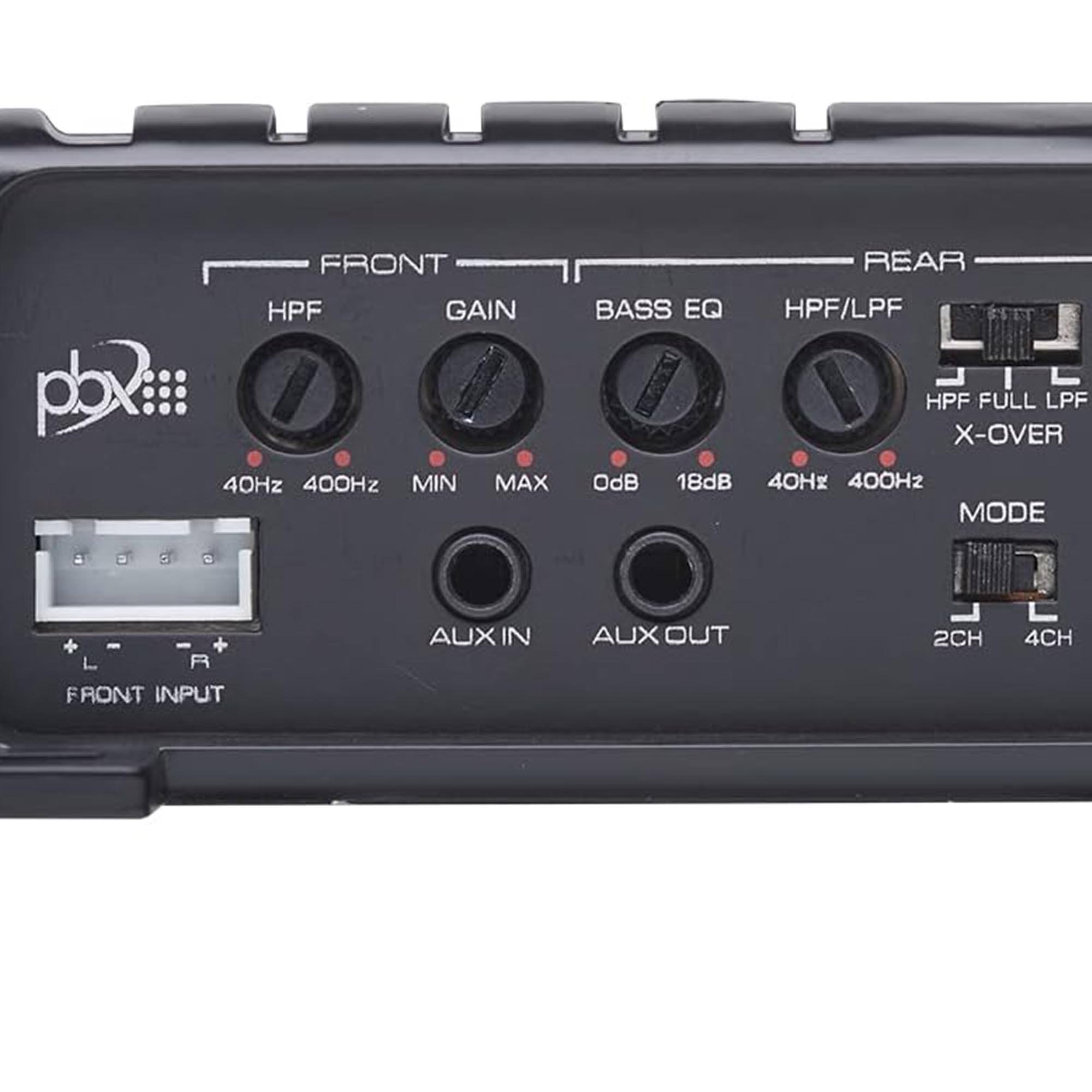 pbx FRONT HPF GAIN I 40Hz 400Hz MIN MAX REAR BASS EQ HPF/LPF HPF FULL LPF X-OVER OdB 18dB 40Hz 400Hz MODE G AUX IN AUX OUT 2CH 4CH FRONT INPUT