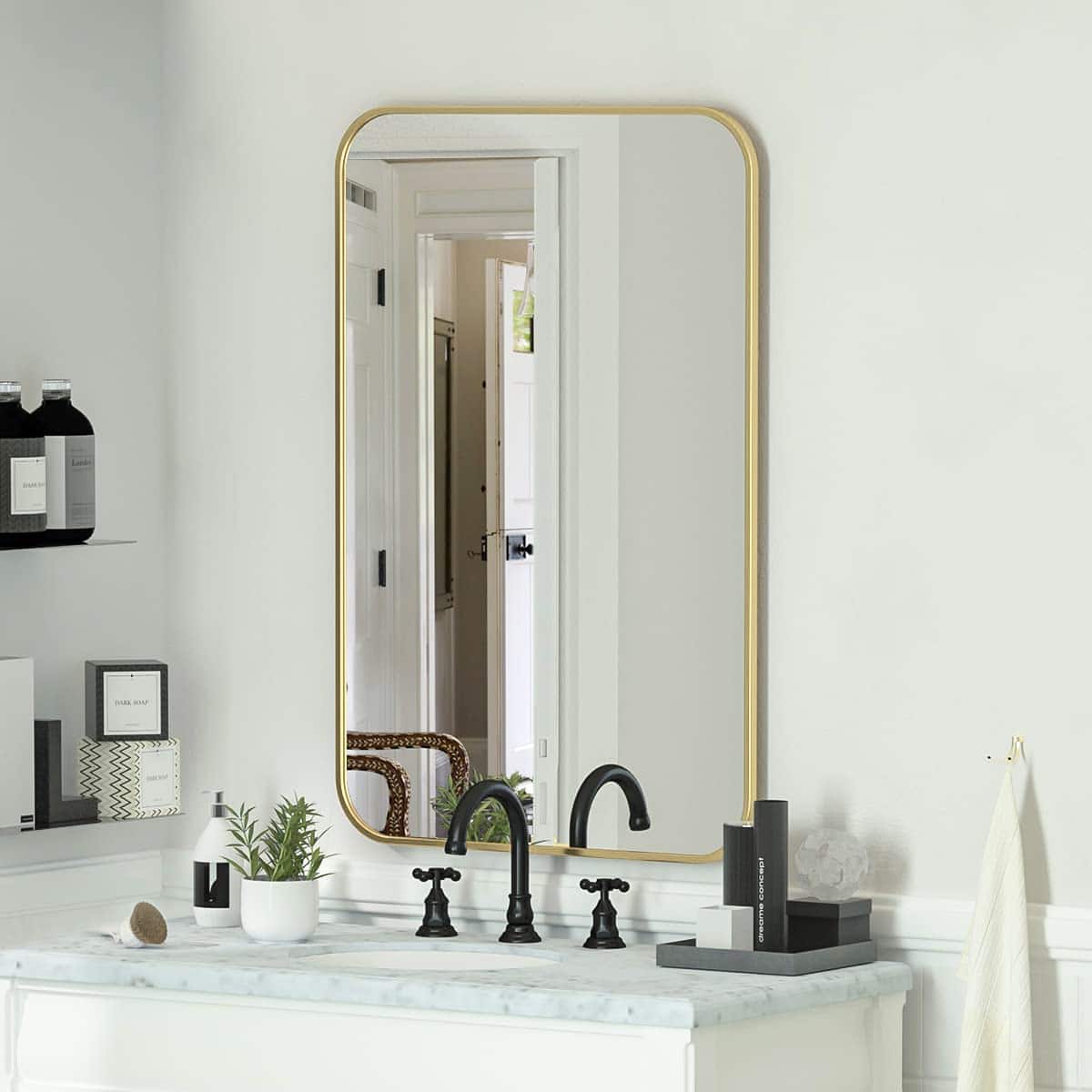 HOMLUX - Rounded Rectangle Wall Mirror Gold Aluminum Frame Wall Mounted Modern Decor for Bathroom Bedroom Entryway