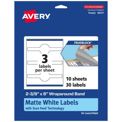 Go to avery.com/templates
Use Avery Template Presta® 94117
TRUEBLOCK®
3 labels per sheet
10 sheets
30 labels
2-3/8" x 8" Wraparound Band
Matte White Labels with Sure Feed® Technology for Laser/Inkjet
