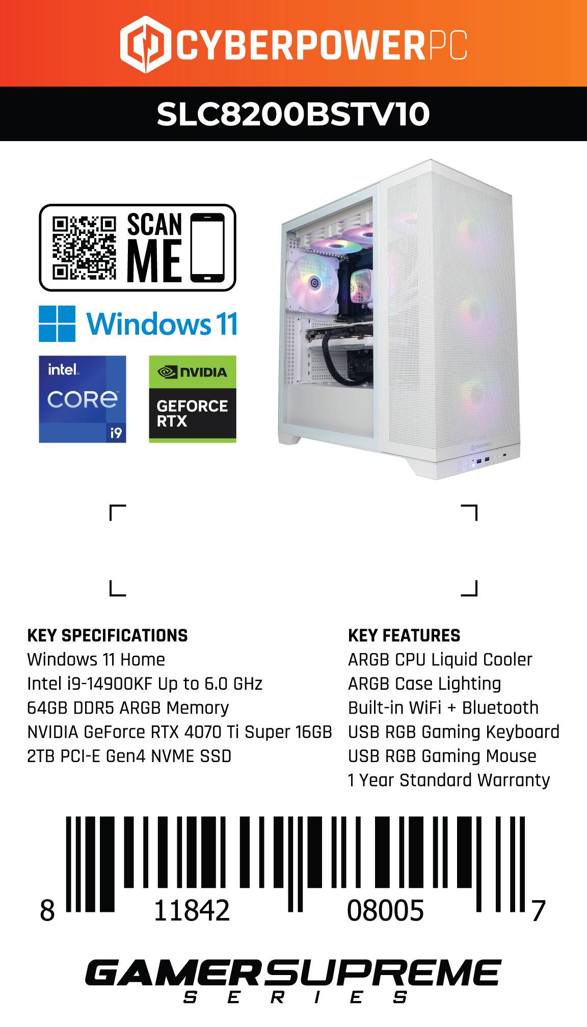 CyberPowerPC Gamer Supreme Gaming Desktop Intel Core i9-14900KF 64GB  Memory NVIDIA GeForce RTX 4070 Ti SUPER 16GB 2TB SSD White