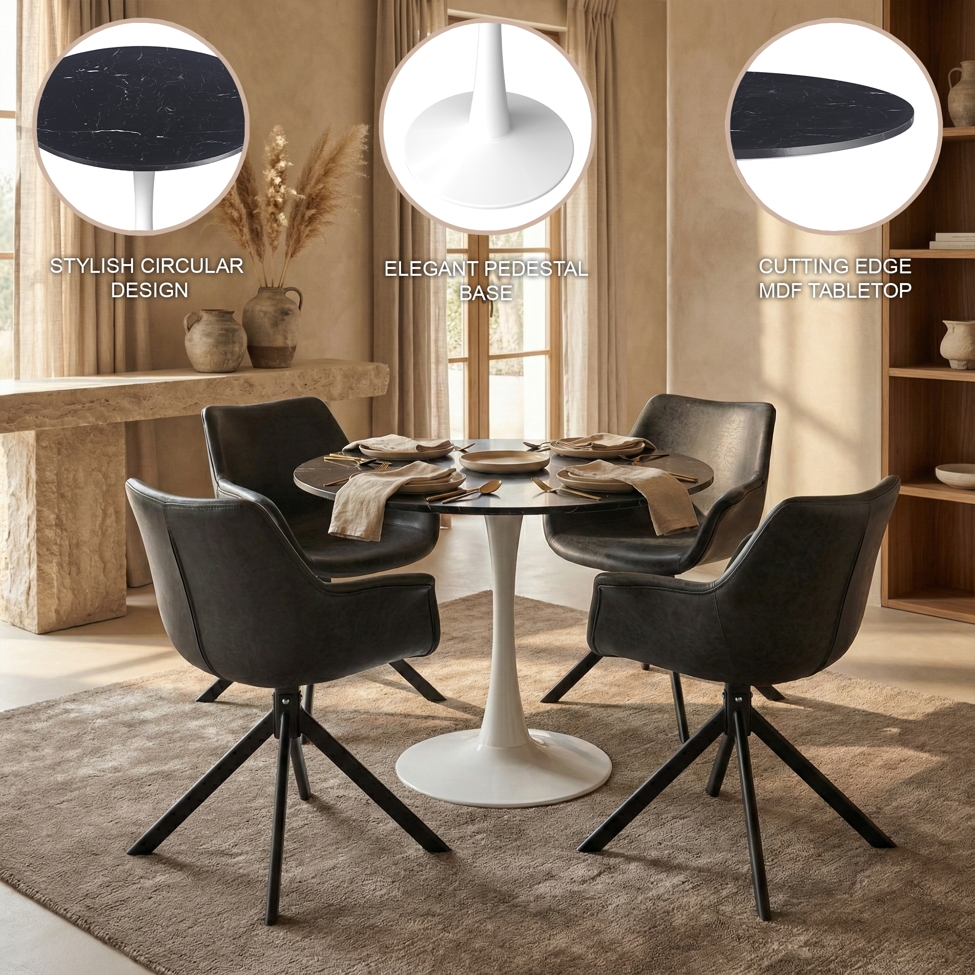 STYLISH CIRCULAR DESIGN  
ELEGANT PEDESTAL BASE  
CUTTING EDGE MDF TABLETOP