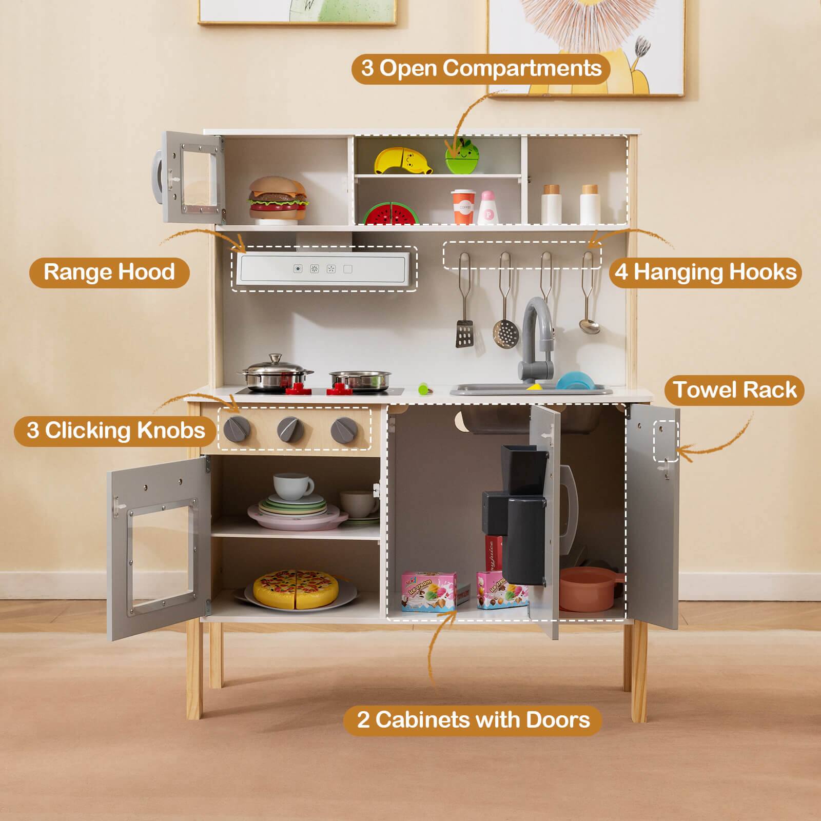 3 Open Compartments  
4 Hanging Hooks  
Towel Rack  
3 Clicking Knobs  
2 Cabinets with Doors  
Range Hood