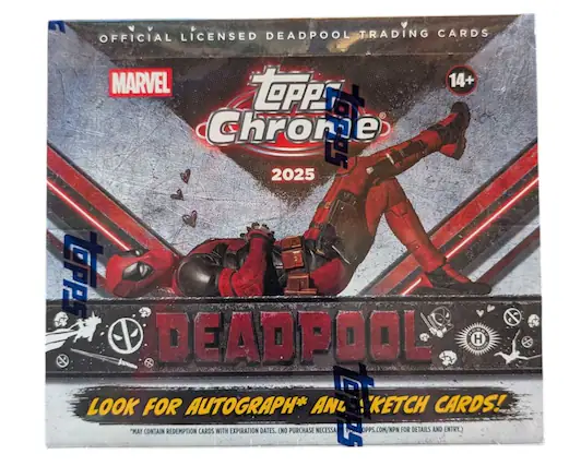 LICENSED DEADPOOL TRADING CARDS OFFICIAL MARVEL 14+ TOPPS Chrome 2025
DEADPOOL
LOOK FOR AUTOGRAPH* AND KETCH CARDS!
*MAY CONTAIN REDEMPTION CARDS WITH EXPIRATION DATES. (NO PURCHASE NECESSARY. TOPPS.COM/NPM FOR DETAILS AND ENTRY.)