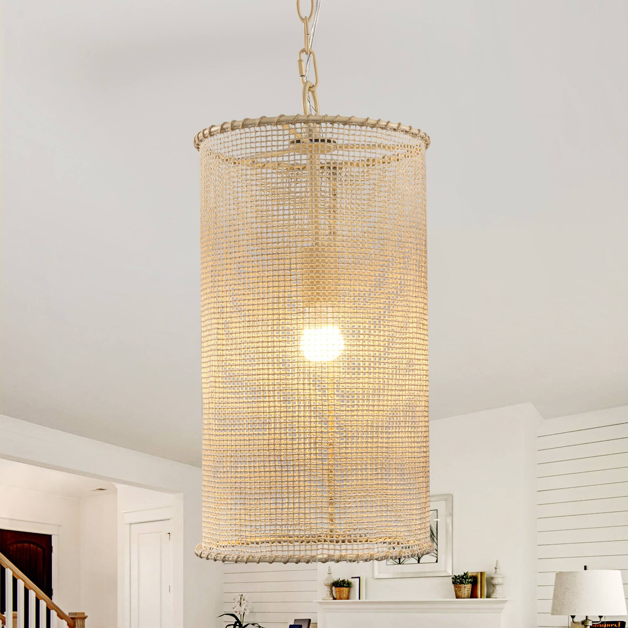 Back. Parrot Uncle - 9.9 in. 1-Light Beige Cylindrical Mesh Small Hanging Pendant light - Beige.