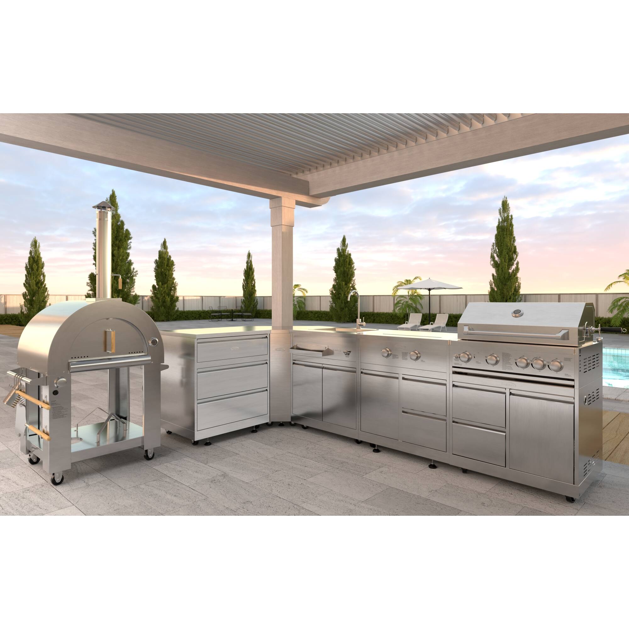Angle. Koolmore - Outdoor Kitchen with Dual Fuel Pizza Oven, 3 Drawer Cabinet, Corner Cabinet, Sink, Side Burner, 30 in. Grill and Cabinet - Stainless Steel.