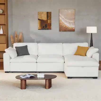 Front. Dyonery - 120" Oversized Modular Sectional Sofa, L Shaped Cloud Couch with Storage Ottoman, Solid Wood Frame, Tool Free, Beige - Beige.