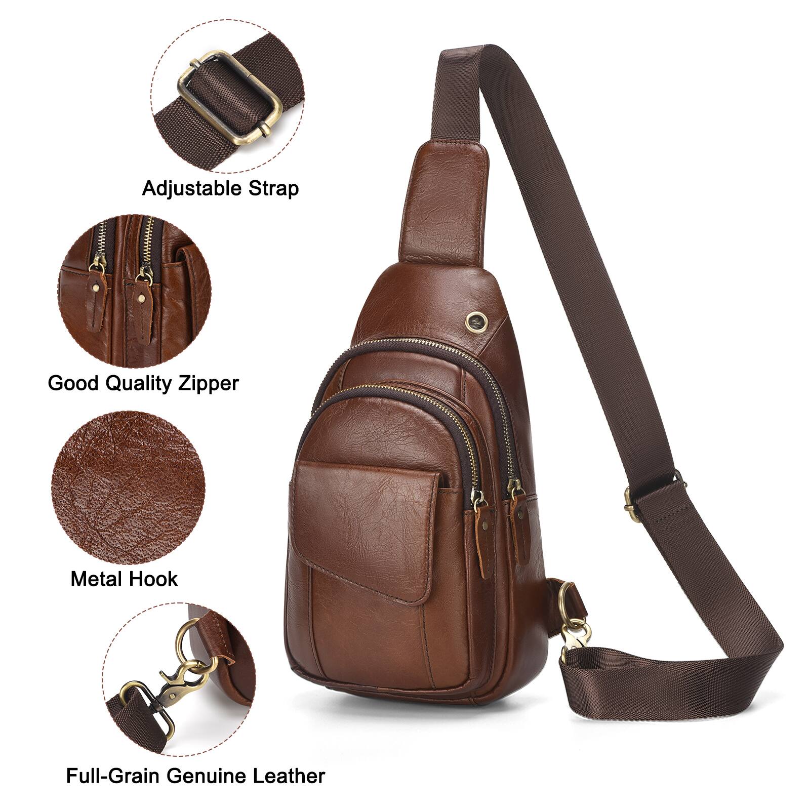 Adjustable Strap  
Good Quality Zipper  
Metal Hook  
Full-Grain Genuine Leather