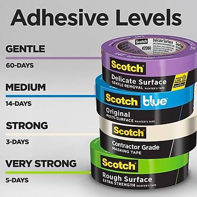 Adhesive Levels

GENTLE  
60-DAYS  
Scotch Delicate Surface #2080  
GENTLE REMOVAL PAINTER'S TAPE

MEDIUM  
14-DAYS  
Scotch blue  
ORIGINAL MULTI-SURFACE PAINTER'S TAPE

STRONG  
3-DAYS  
Scotch  
CONTRACTOR GRADE MASKING TAPE

VERY STRONG  
5-DAYS  
Scotch Rough Surface  
EXTRA STRENGTH PAINTER'S TAPE