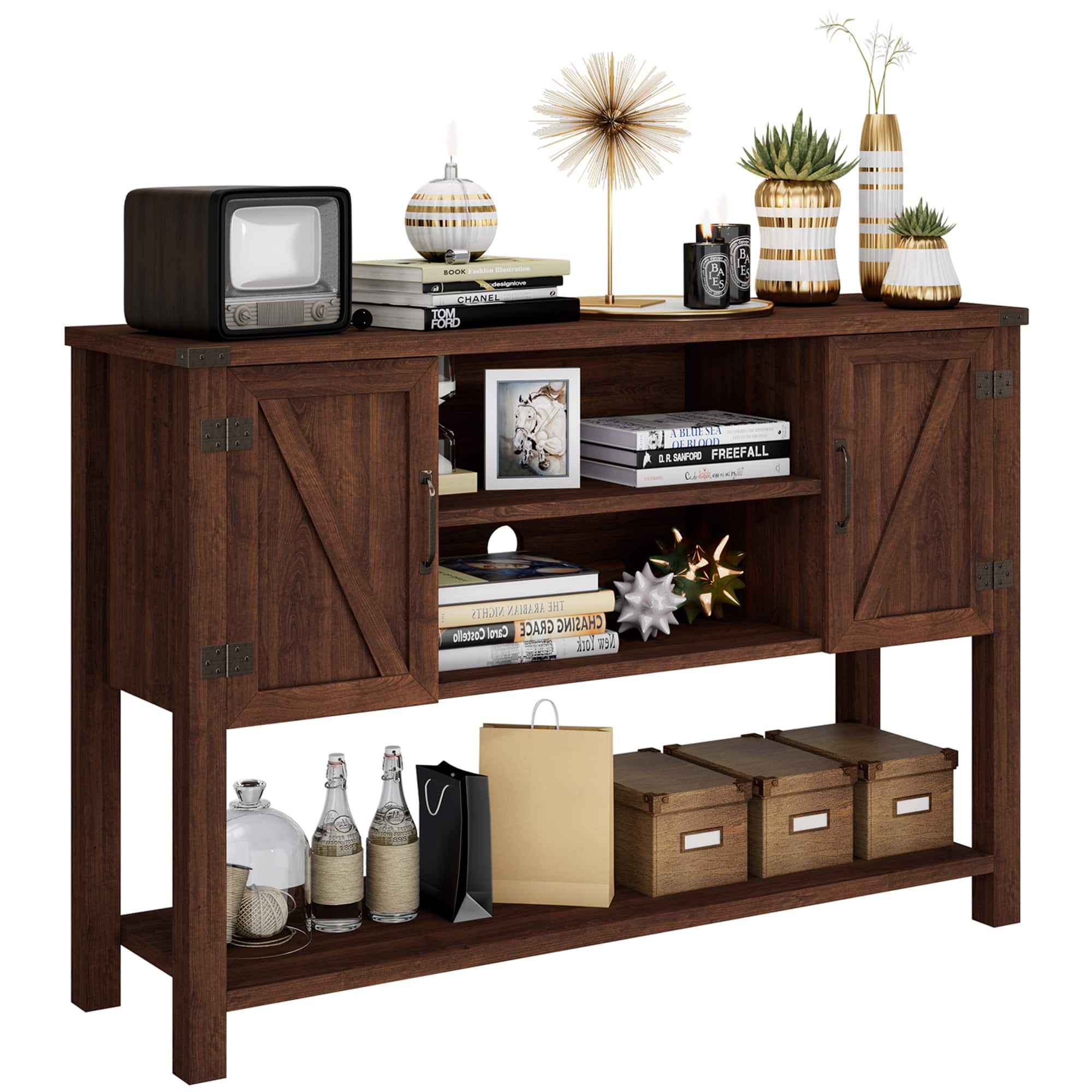 Gymax - Buffet Sideboard Storage Cupboard Console Table w/ Open Shelf & Side Cabinets - Brown