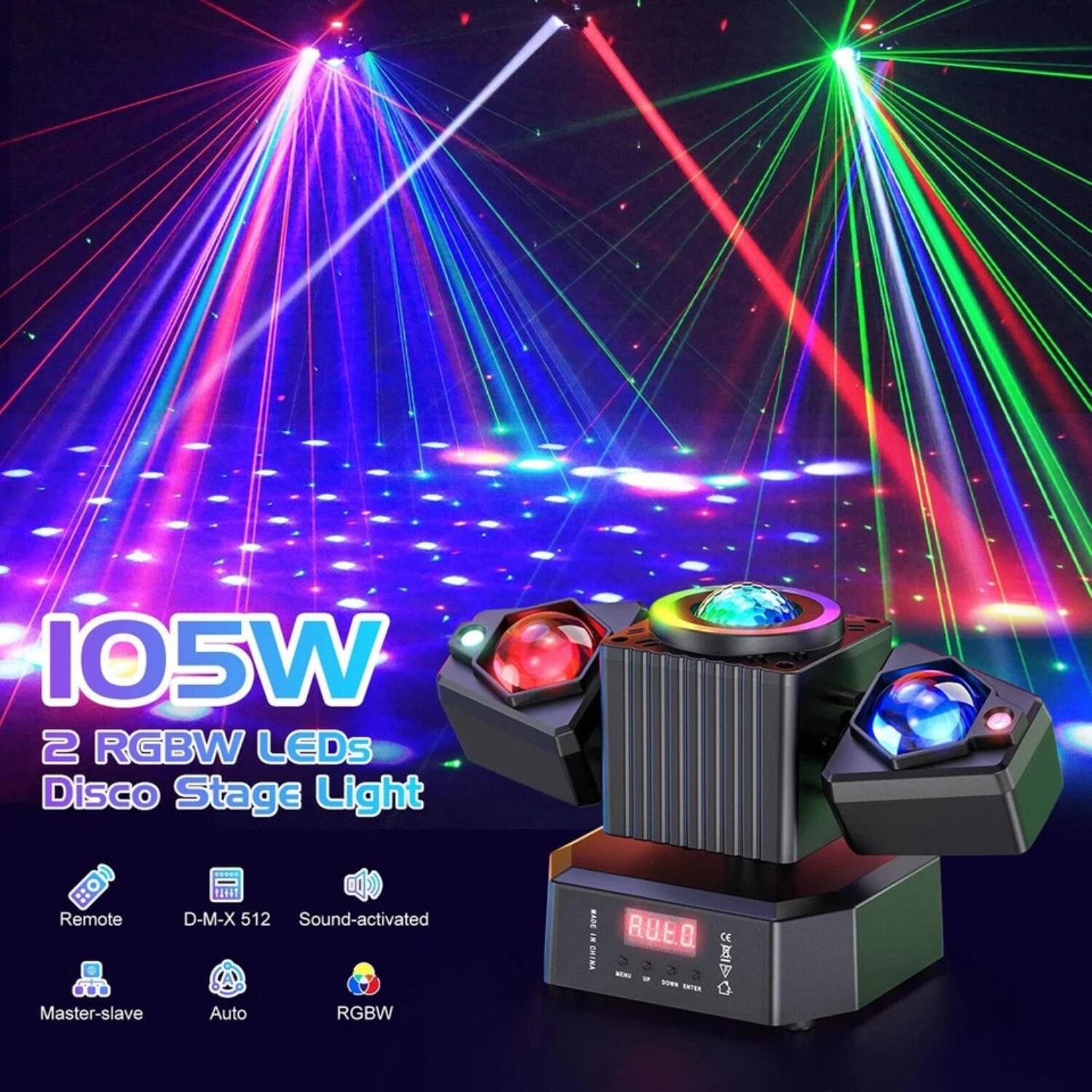 105W  
2 RGBW LEDs Disco Stage Light  

Remote  
D-M-X 512  
Sound-activated  
Master-slave  
Auto  
RGBW  

RUEO