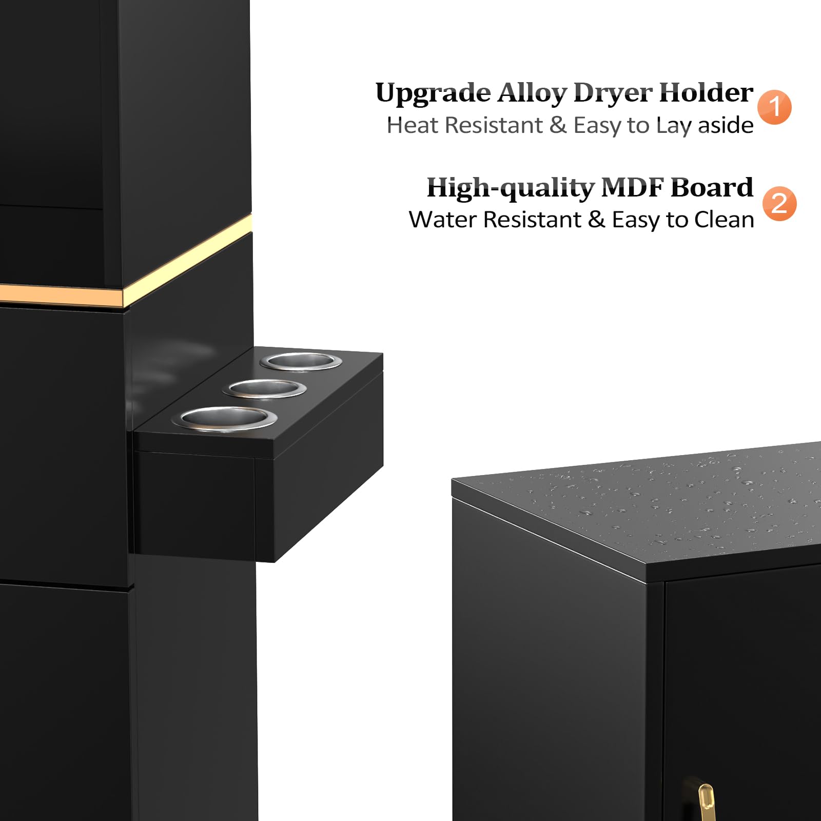 Upgrade Alloy Dryer Holder  
1. Heat Resistant & Easy to Lay aside  
High-quality MDF Board  
2. Water Resistant & Easy to Clean