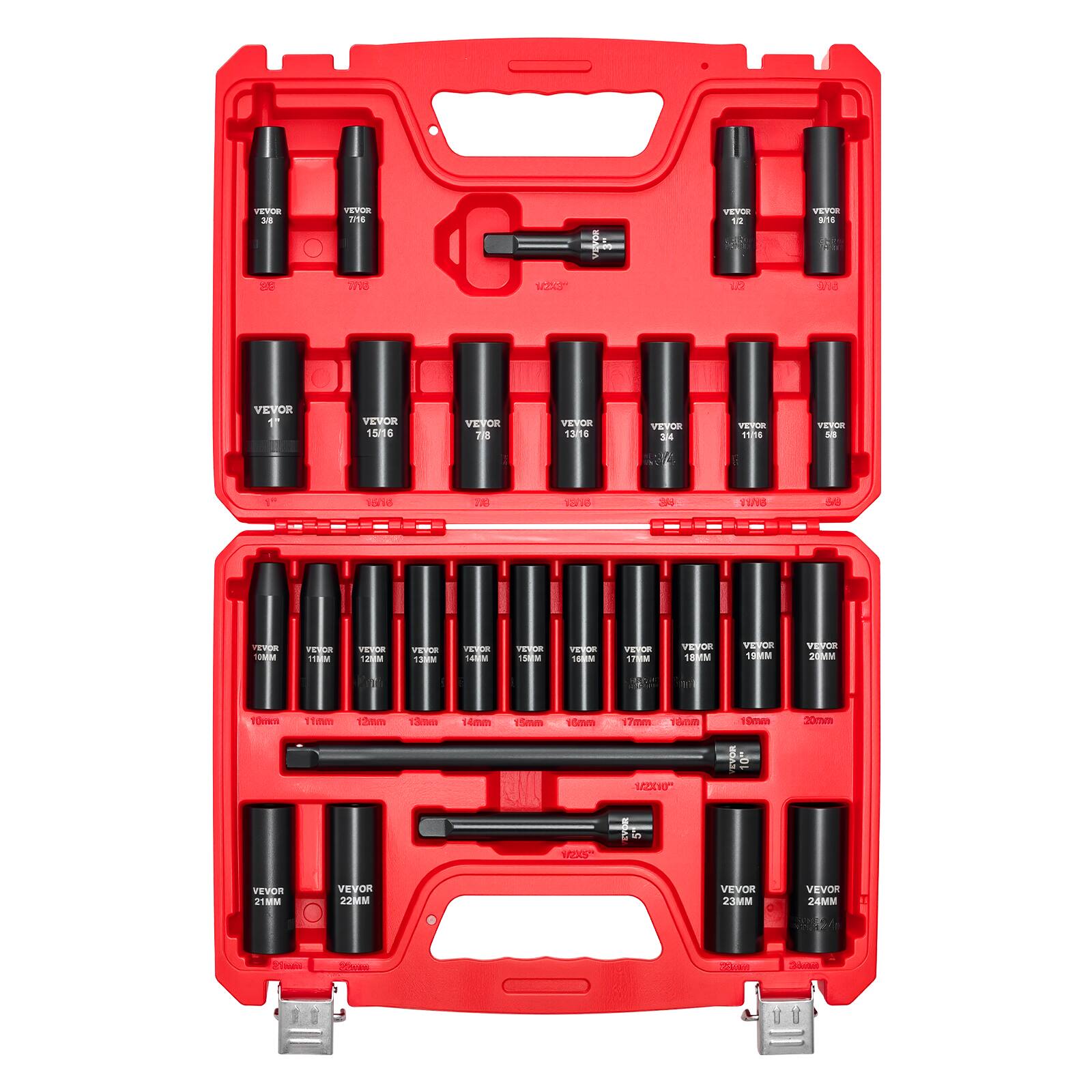 VEVOR 1/2" Drive Socket Set

- 1/2" Drive Sockets:
  - 10mm
  - 11mm
  - 12mm
  - 13mm
  - 14mm
  - 15mm
  - 16mm
  - 17mm
  - 18mm
  - 19mm
  - 20mm
  - 21mm
  - 22mm
  - 23mm
  - 24mm

- 1/2" Drive Extensions:
  - 100mm
  - 150mm

- 1/2" Drive Deep Sockets:
  - 10mm
  - 12mm
  - 14mm
  - 16mm
  - 17mm
  - 18mm
  - 19mm
  - 20mm

- 1/2" Drive Ratchet
- 1/2" Drive Universal Joint