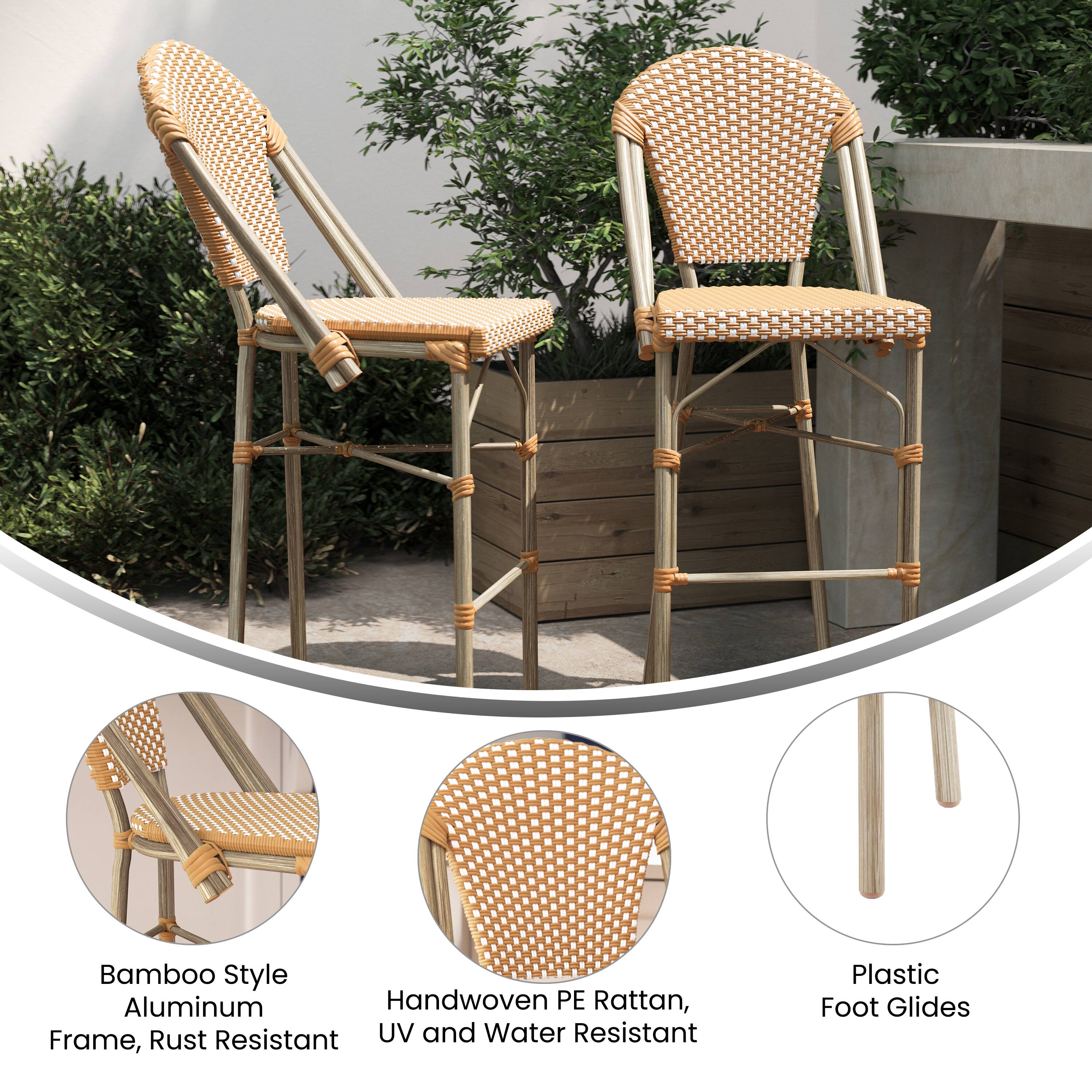 Bamboo Style Aluminum Handwoven PE Rattan, Frame, Rust Resistant UV and Water Resistant Plastic Foot Glides