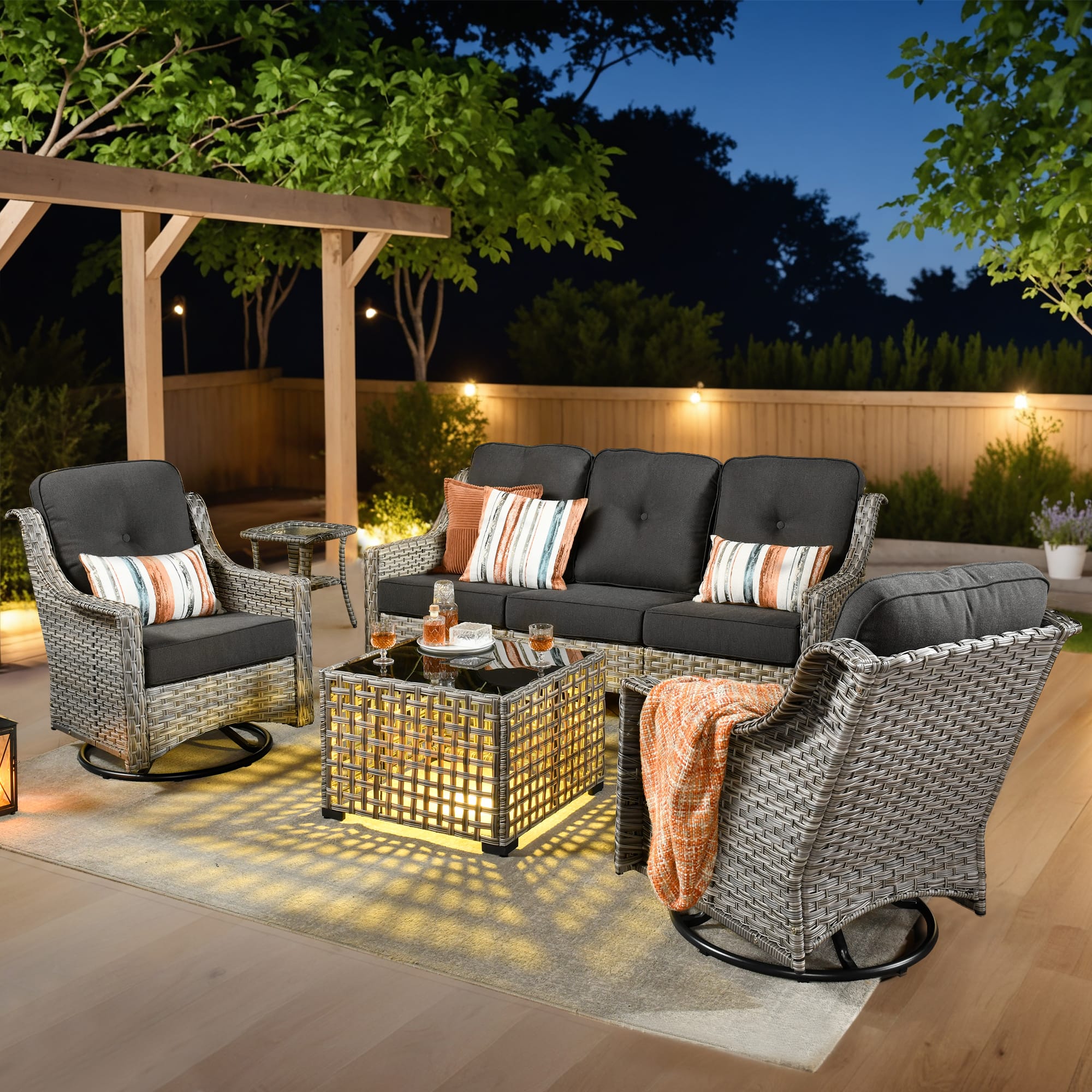 Ovios - 5 PCS Outdoor Patio Furniture Set with Side Table, Swivel Chairs & Solar Light Coffee Table - Black