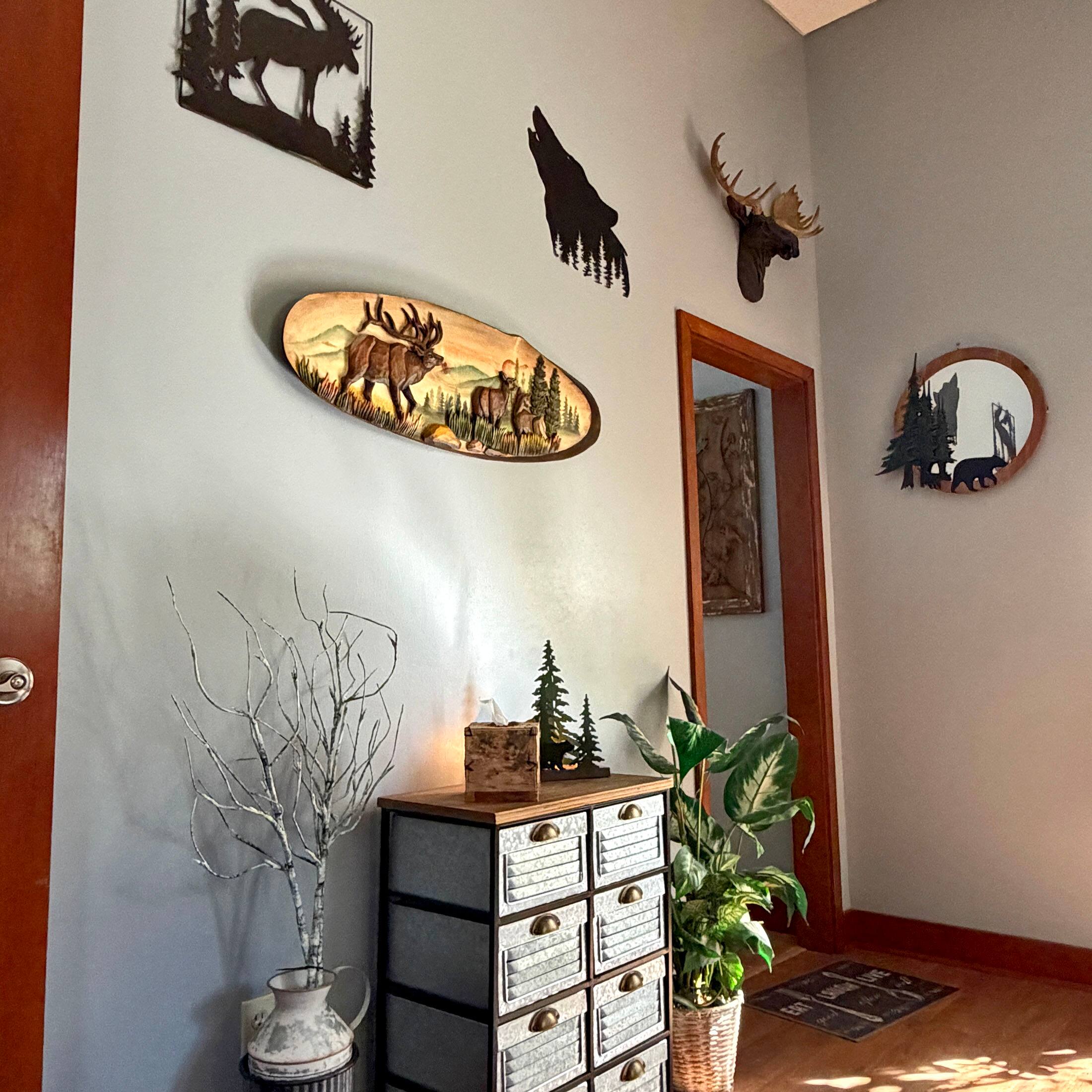 Alt View 7. Zeckos - Elk Family Intarsia Wood Oval Wall Sculpture 13x40 Rustic Cabin Decor - Brown.