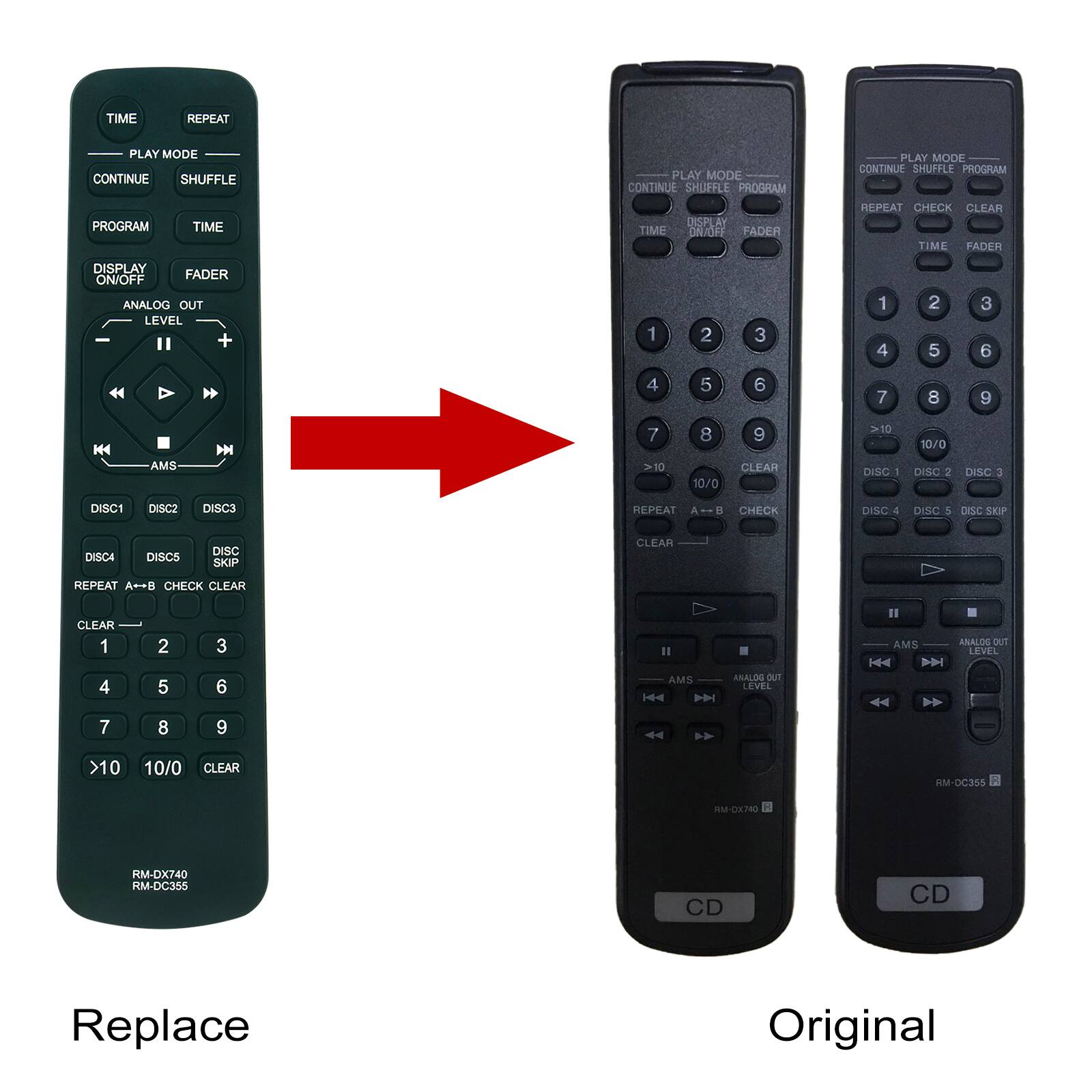 **Replace:**

- TIME
- REPEAT
- PLAY MODE
- CONTINUE
- SHUFFLE
- PROGRAM
- TIME
- DISPLAY ON/OFF
- FADER
- ANALOG OUT LEVEL
- DISC1
- DISC2
- DISC3
- DISC4
- DISC5
- DISC SKIP
- REPEAT A→B
- CHECK
- CLEAR
- 1
- 2
- 3
- 4
- 5
- 6
- 7
- 8
- 9
- >10
- 10/0
- CLEAR
- AMS
- RM-DX740
- RM-DC355

**Original:**

- PLAY MODE
- CONTINUE
- SHUFFLE
- PROGRAM
- DISPLAY
- FADER
- TIME
- REPEAT
- CHECK
- CLEAR
- 1
- 2
- 3
- 4
- 5
- 6
- 7
- 8
- 9
- >10
- 10/0
- DISC 1
- DISC