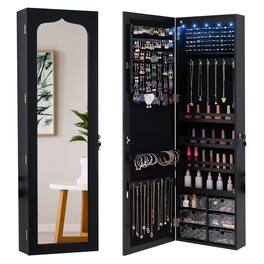 Gymax - Jewelry Armoire w/ Full-Length Mirror w/ Built-in LED Lights Hooks Shelves - Black