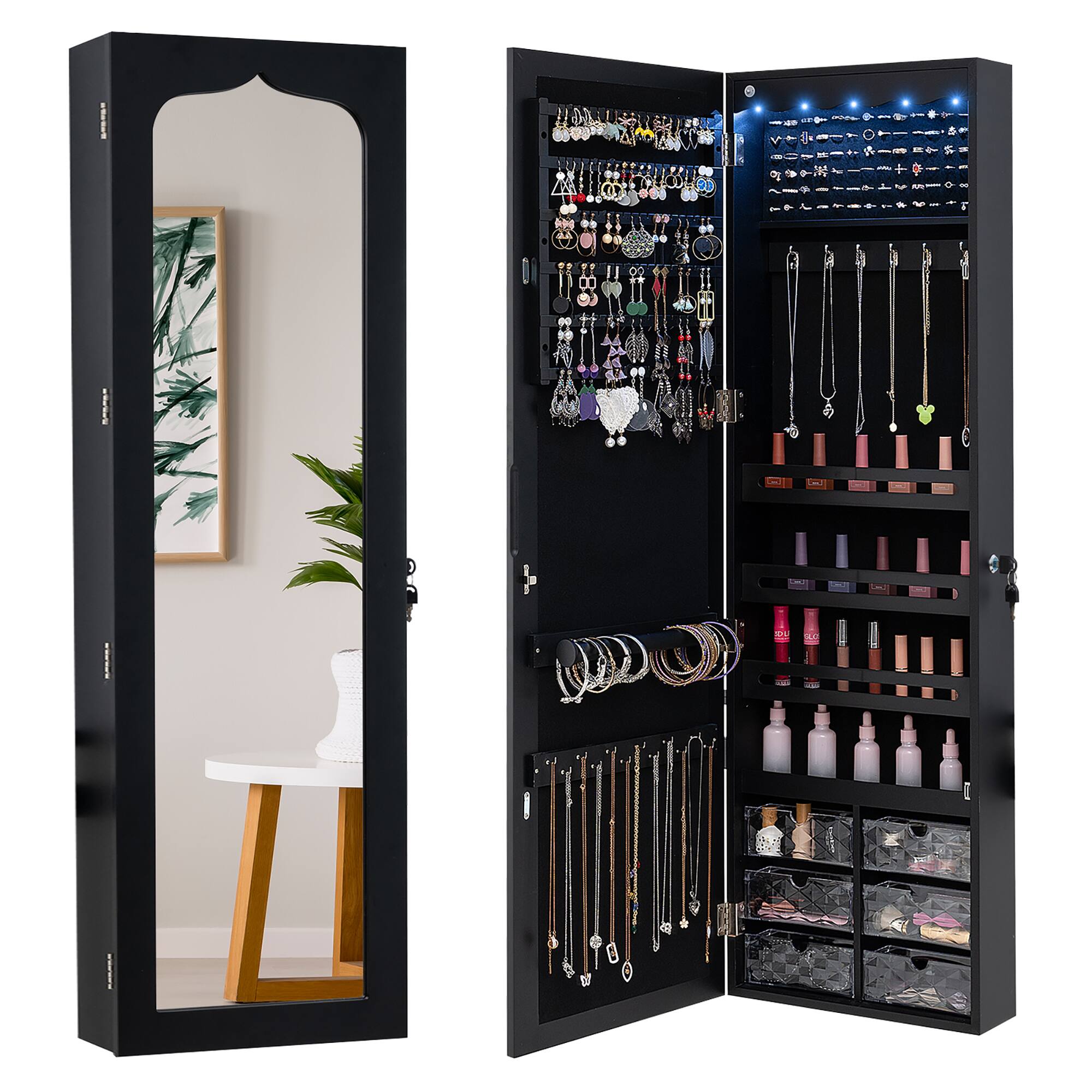 Front. Gymax - Gymax Jewelry Armoire w/ Full-Length Mirror w/ Built-in LED Lights Hooks Shelves - Black.