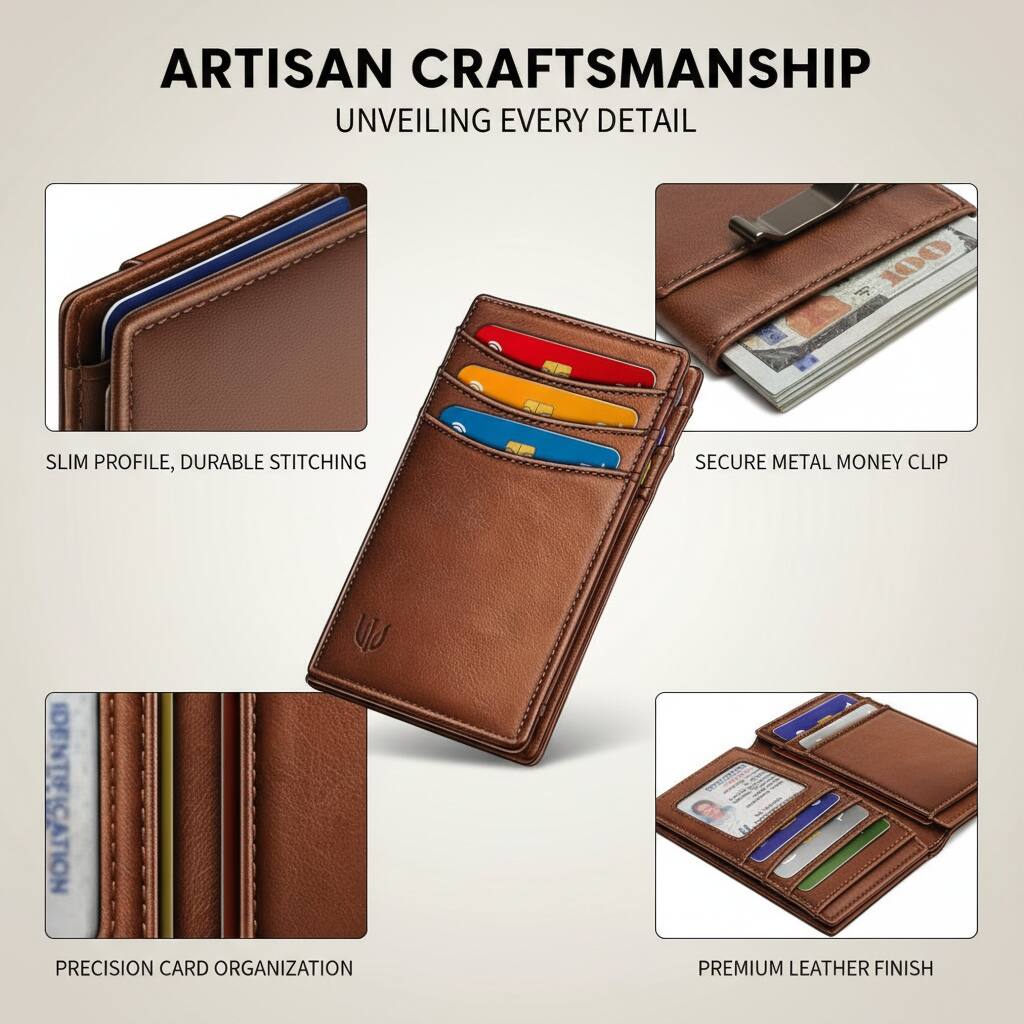 ARTISAN CRAFTSMANSHIP  
UNVEILING EVERY DETAIL

- SLIM PROFILE, DURABLE STITCHING
- SECURE METAL MONEY CLIP
- PRECISION CARD ORGANIZATION
- PREMIUM LEATHER FINISH