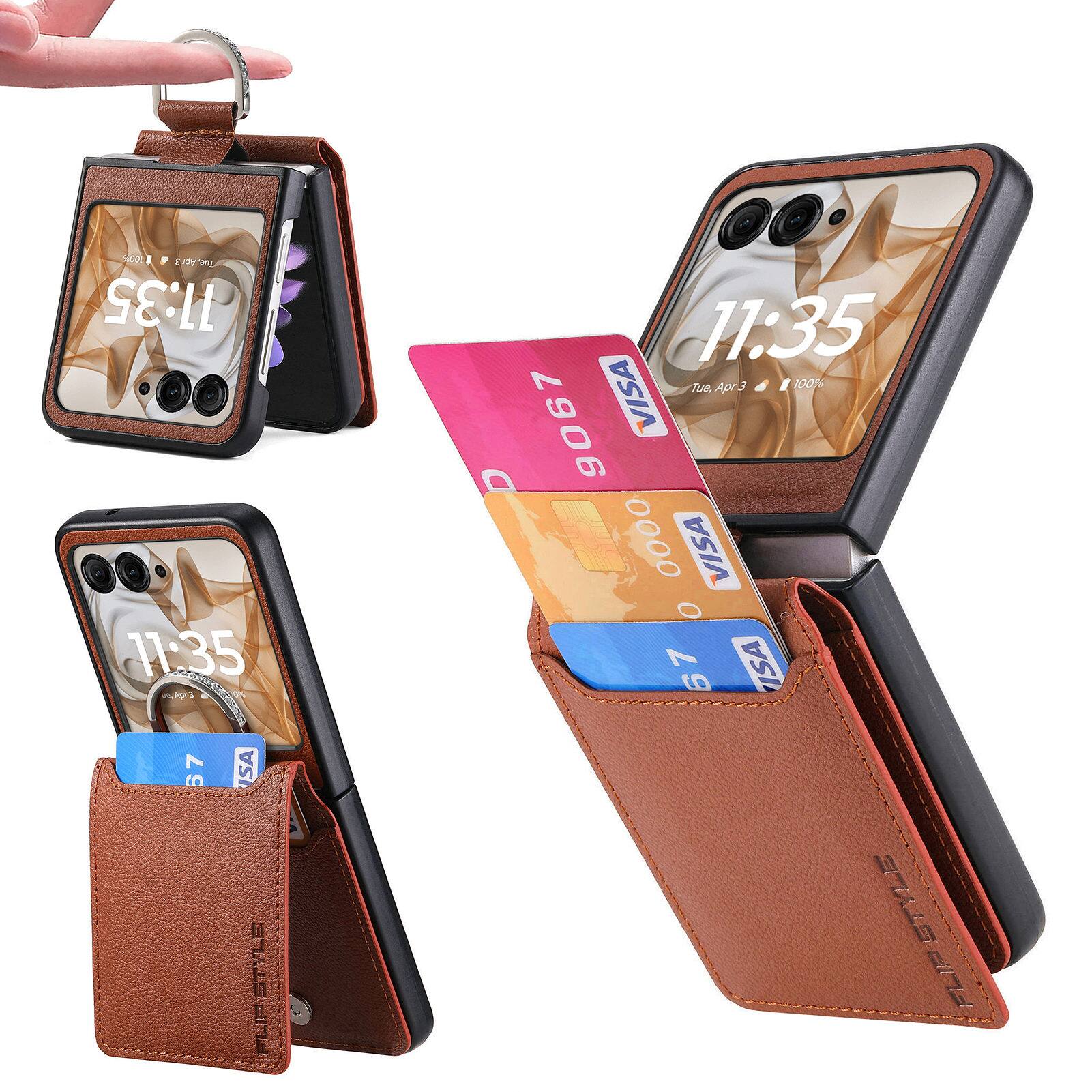 Dteck - Wallet Kickstand Case for Motorola Razr (2025)/Razr 2024 with Ring Grip,Slim Lychee Texture PU Leather Shockproof Cover - Brown