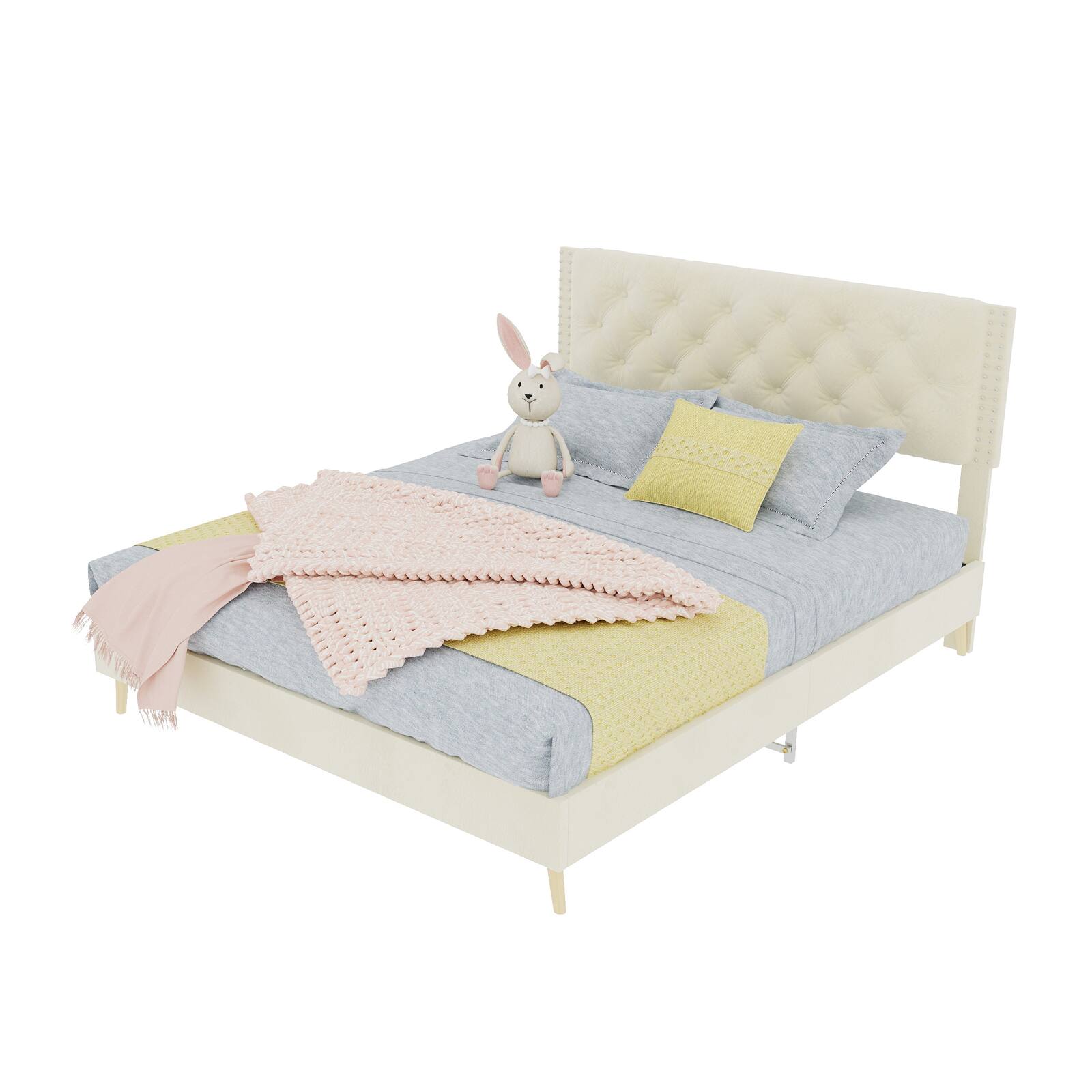 Alt View 4. Loheer - Loheer Luxury Beige Velvet Upholstered Queen Bed Frame Sturdy Platform Base - Beige.