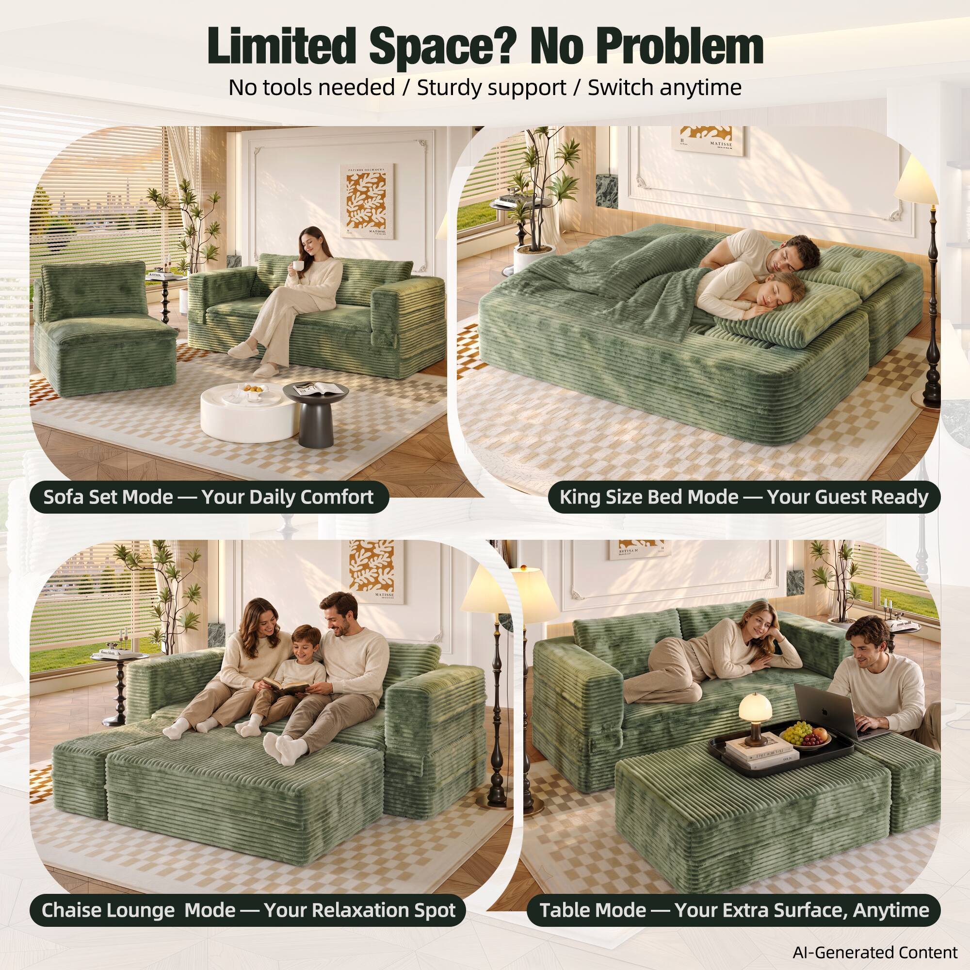 Limited Space? No Problem  
No tools needed / Sturdy support / Switch anytime

Sofa Set Mode — Your Daily Comfort  
King Size Bed Mode — Your Guest Ready  
Chaise Lounge Mode — Your Relaxation Spot  
Table Mode — Your Extra Surface, Anytime  

AI-Generated Content