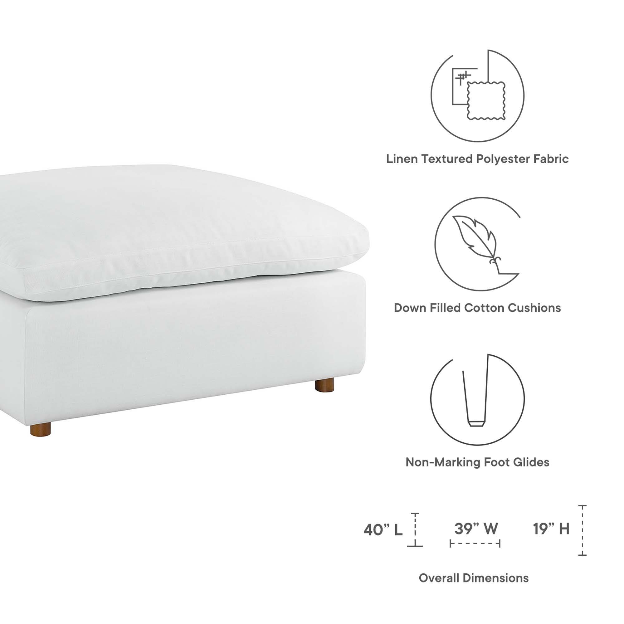 Linen Textured Polyester Fabric  
Down Filled Cotton Cushions  
Non-Marking Foot Glides  

40" L x 39" W x 19" H  
Overall Dimensions