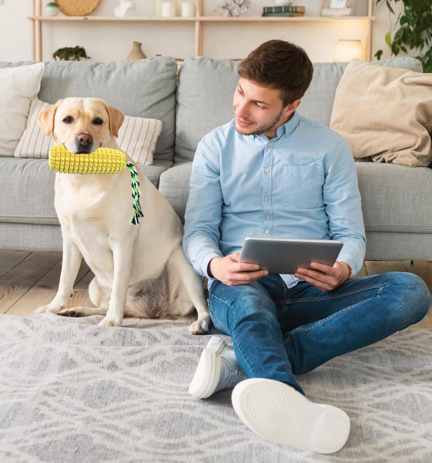 Alt View 1. PUPIHOM - Corn Shaped Squeak Durable Rubber Dental Dog Chew Toy With Rope - Yellow.