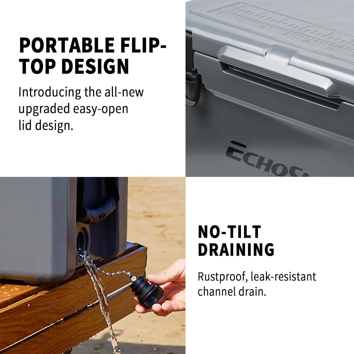 PORTABLE FLIP-TOP DESIGN Introducing the all-new upgraded easy-open lid design. NO-TILT DRAINING Rustproof, leak-resistant channel drain.