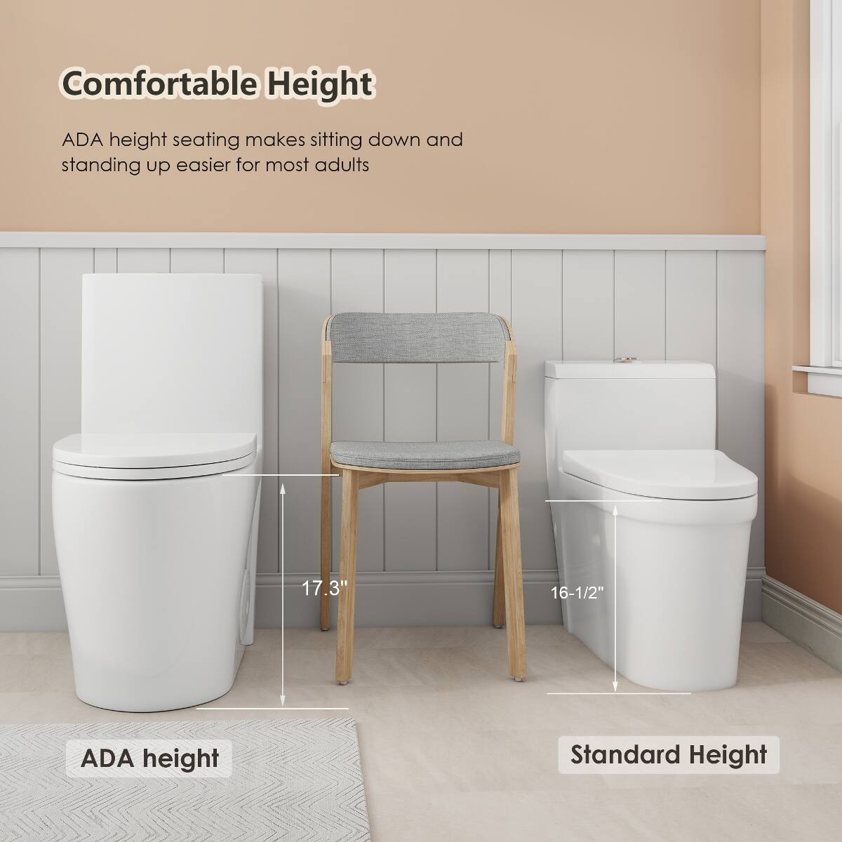 Comfortable Height

ADA height seating makes sitting down and standing up easier for most adults

17.3"
16-1/2"

ADA height
Standard Height