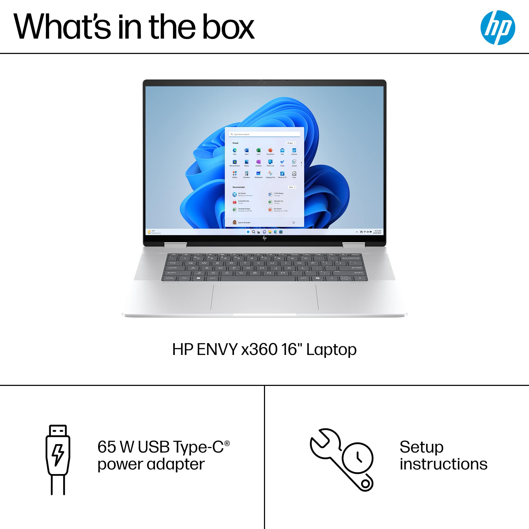 What's in the box: HP ENVY x360 16" Laptop, 65 W USB Type-C power adapter, Setup instructions.