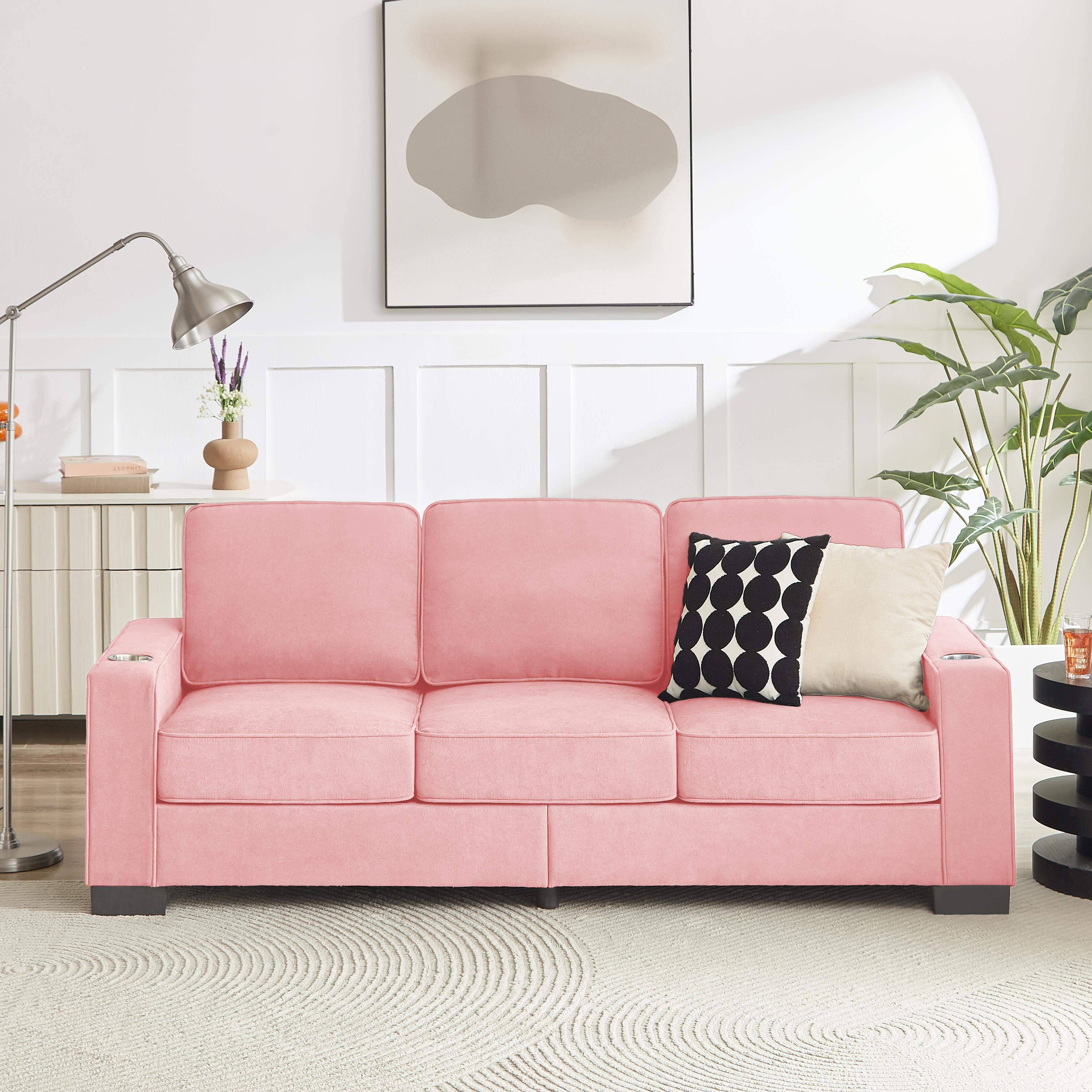 Front. Roomtec - 83.86 inch Snowfleece Fabric sofaModern Compressed Couch3Seater Sofa Furniture for Living RoomBedroomoffice Pink - Pink.