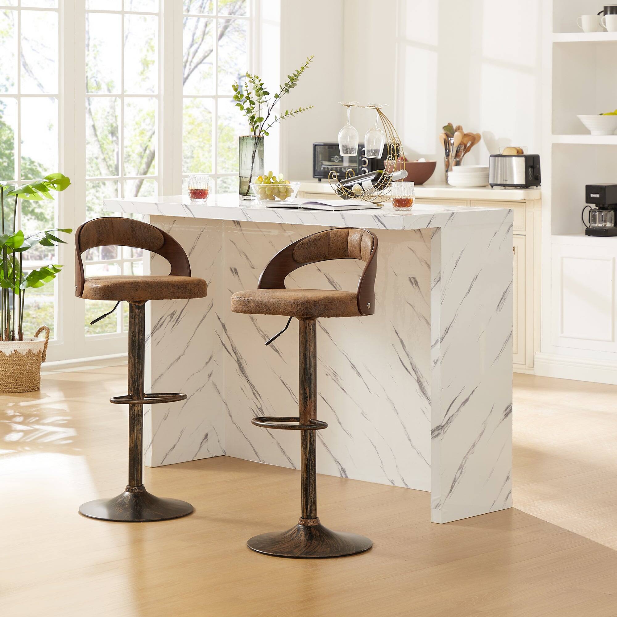 Alt View 2. Vecelo - Set of 2 Swivel Bar Stools with Adjustable Height - 360° Rotation, PU Leather & Metal Base, 330lb Capacity - Dark Brown.