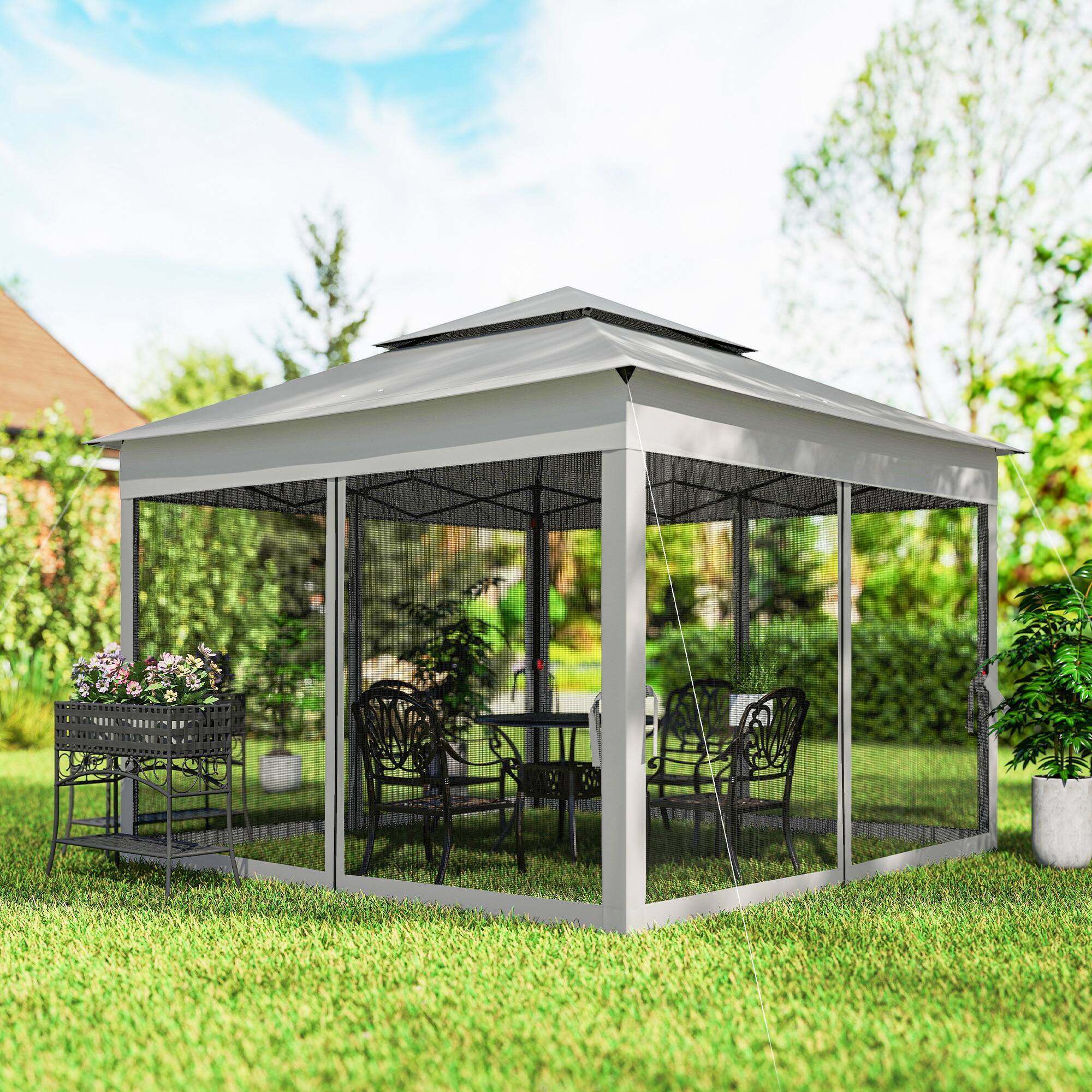 Alt View 1. Outsunny - Outdoor Patio Pop Up Canopy Gazebo Shelter with Zipper Netting, Carry Bag, 11' x 11' - Light Gray.