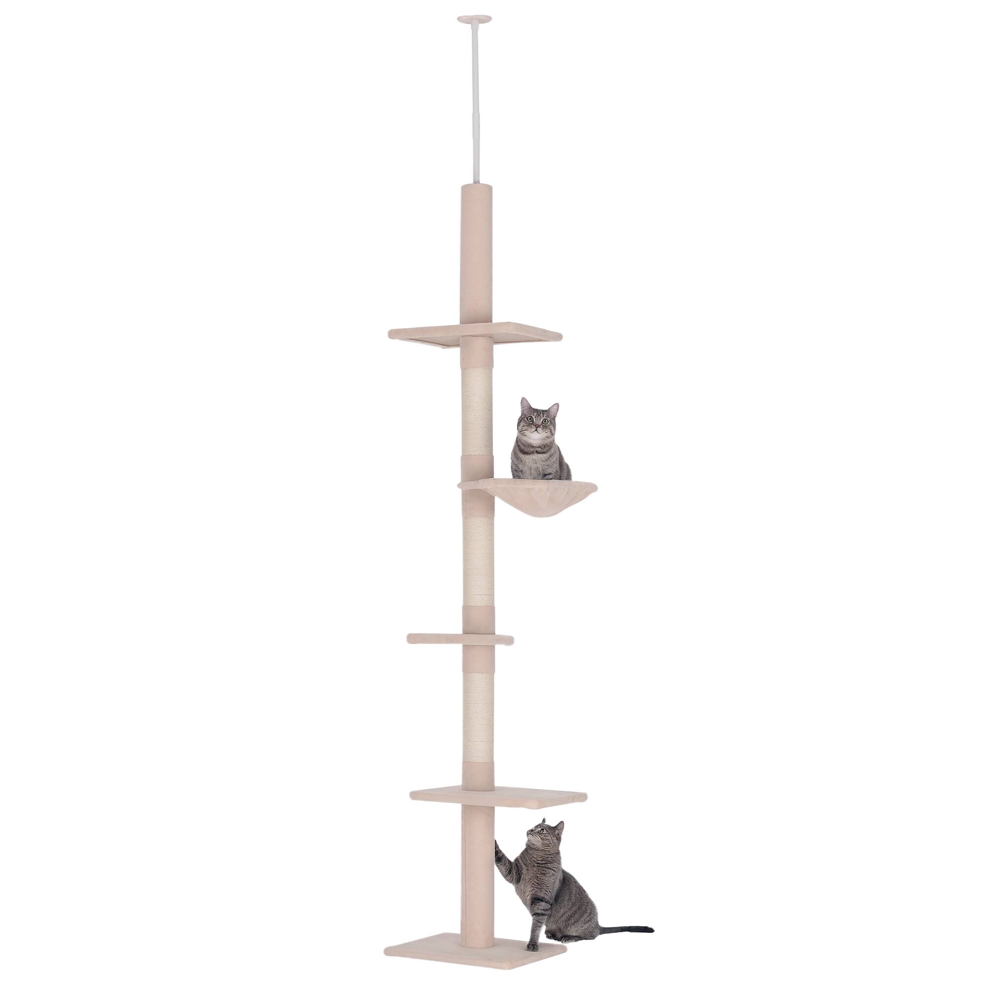 Pawhut - 8.5' Adjustable Height Floor-to-Ceiling Vertical Cat Tree, 5 Level Cat Climbing Tower - Beige