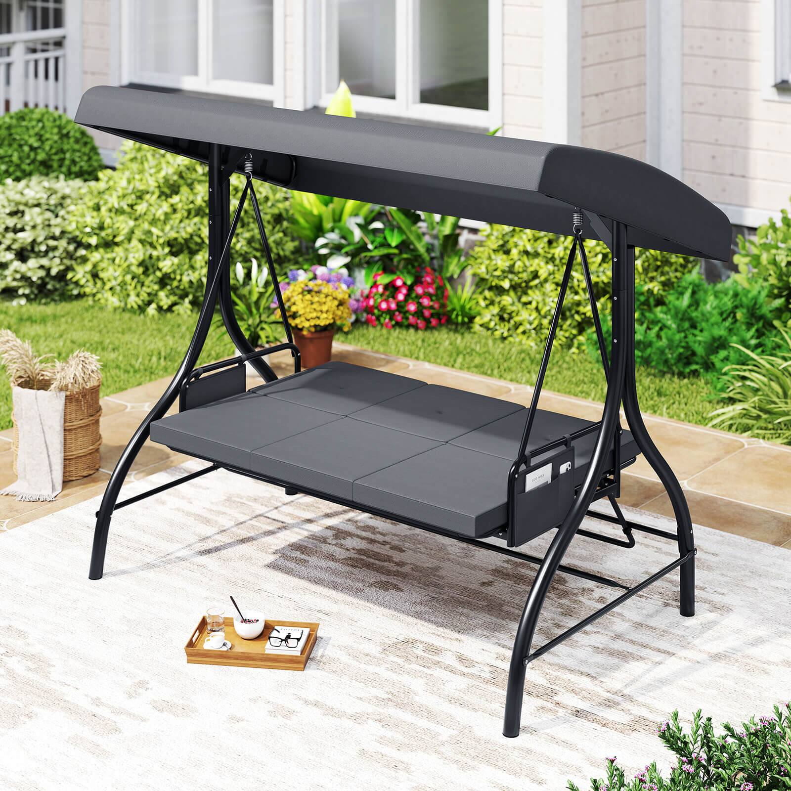 Alt View 4. Costway - Costway 3-Seat Patio Swing with Canopy with Removable Cushions & Side Pockets Stand - Gray.